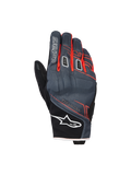 Alpinestars Moblast Waterproof Gloves, rękawice motocyklowe, antracytowe i czarne z pomarańczowymi akcentami, krótki mankiet z czerwono-pomarańczową grafiką liniową, białe logo gwiazdy na mankiecie i napis „astars” na palcu, techniczny materiał tekstylny zapewniający ochronę w każdych warunkach pogodowych