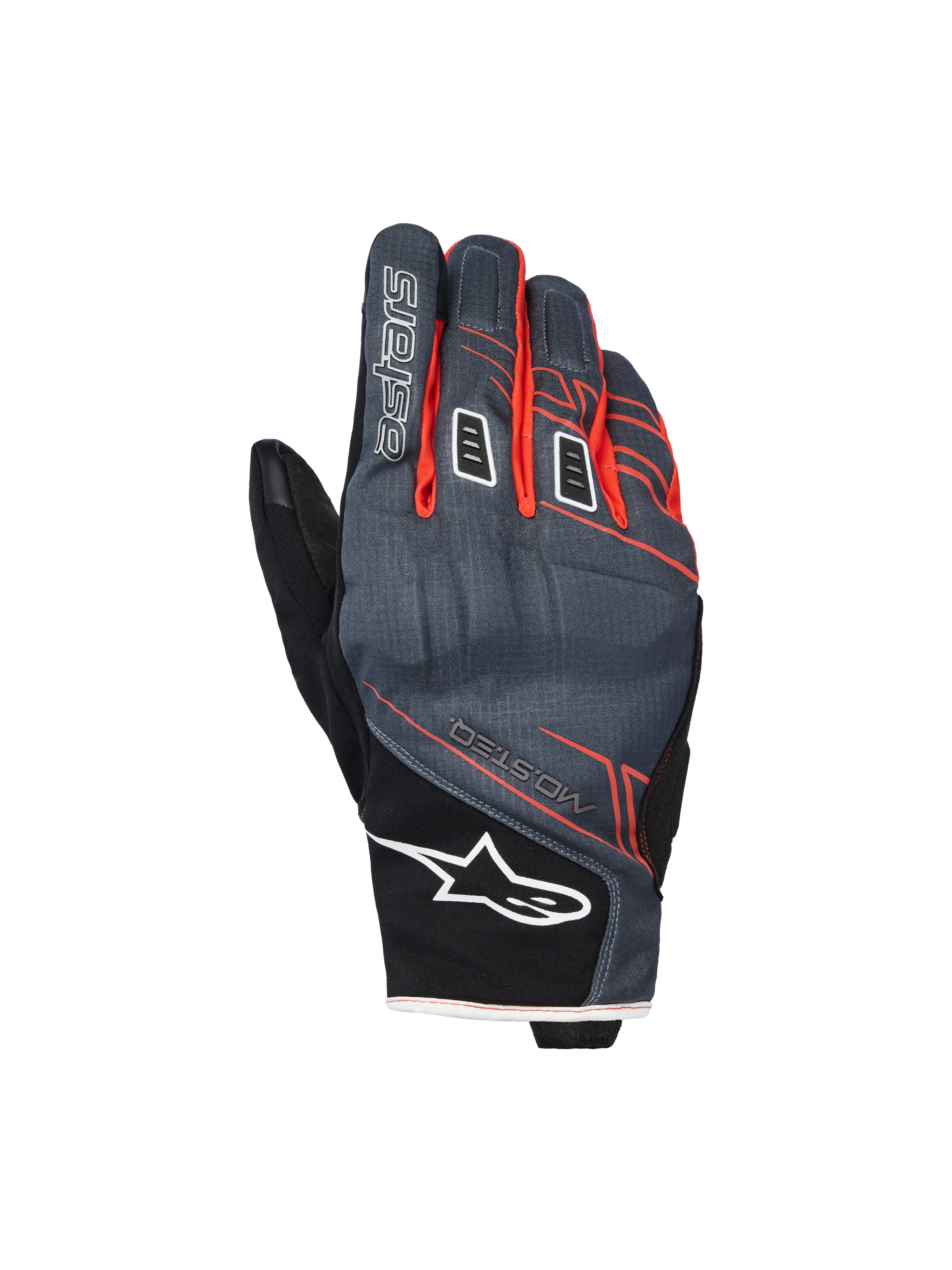 Alpinestars Moblast Waterproof Gloves, rękawice motocyklowe, antracytowe i czarne z pomarańczowymi akcentami, krótki mankiet z czerwono-pomarańczową grafiką liniową, białe logo gwiazdy na mankiecie i napis „astars” na palcu, techniczny materiał tekstylny zapewniający ochronę w każdych warunkach pogodowych