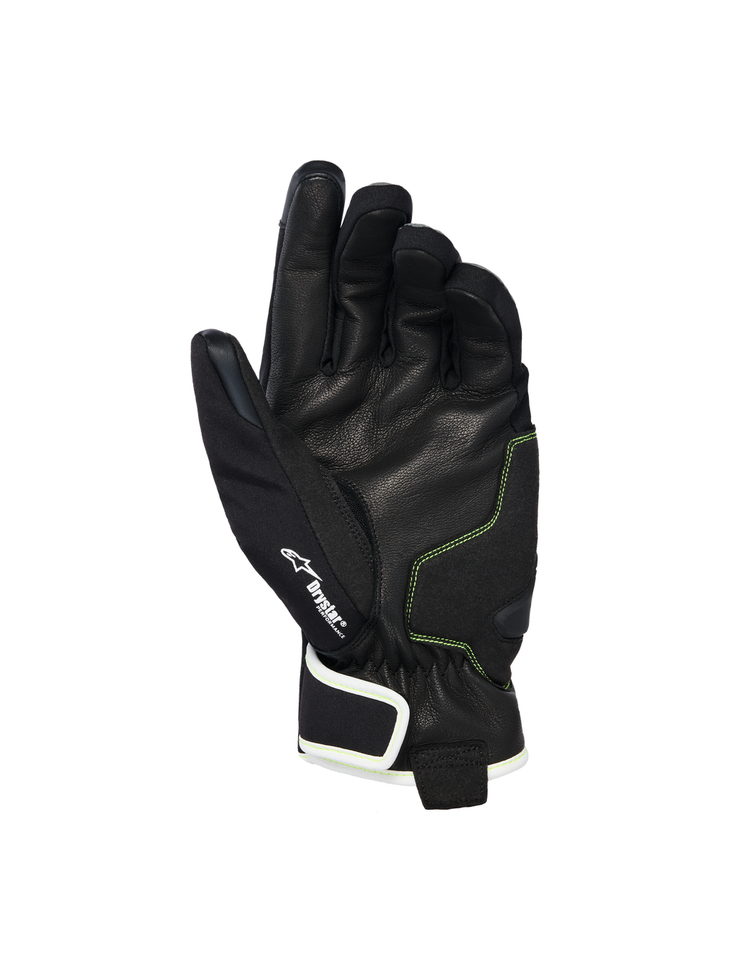 Rękawice Alpinestars Moblast Waterproof, widok od strony dłoni przedstawiający czarną kozią skórę z żółtymi przeszyciami Sulphur Yellow, logo Drystar®, motocyklowe rękawice z krótkim mankietem zaprojektowane do miejskich dojazdów w każdych warunkach pogodowych