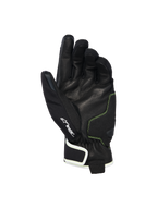 Rękawice Alpinestars Moblast Waterproof, widok od strony dłoni przedstawiający czarną kozią skórę z żółtymi przeszyciami Sulphur Yellow, logo Drystar®, motocyklowe rękawice z krótkim mankietem zaprojektowane do miejskich dojazdów w każdych warunkach pogodowych