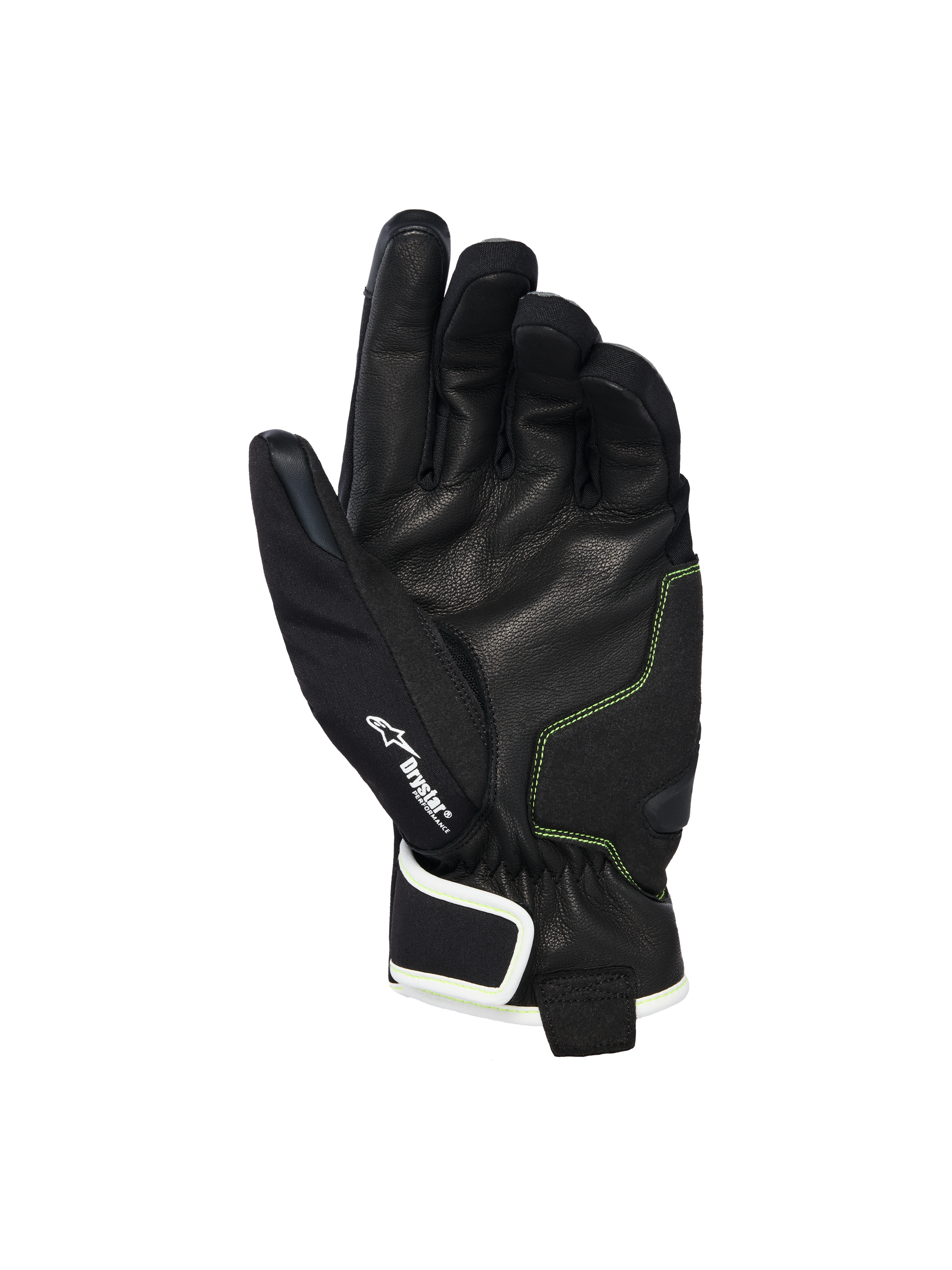 Rękawice Alpinestars Moblast Waterproof, widok od strony dłoni przedstawiający czarną kozią skórę z żółtymi przeszyciami Sulphur Yellow, logo Drystar®, motocyklowe rękawice z krótkim mankietem zaprojektowane do miejskich dojazdów w każdych warunkach pogodowych