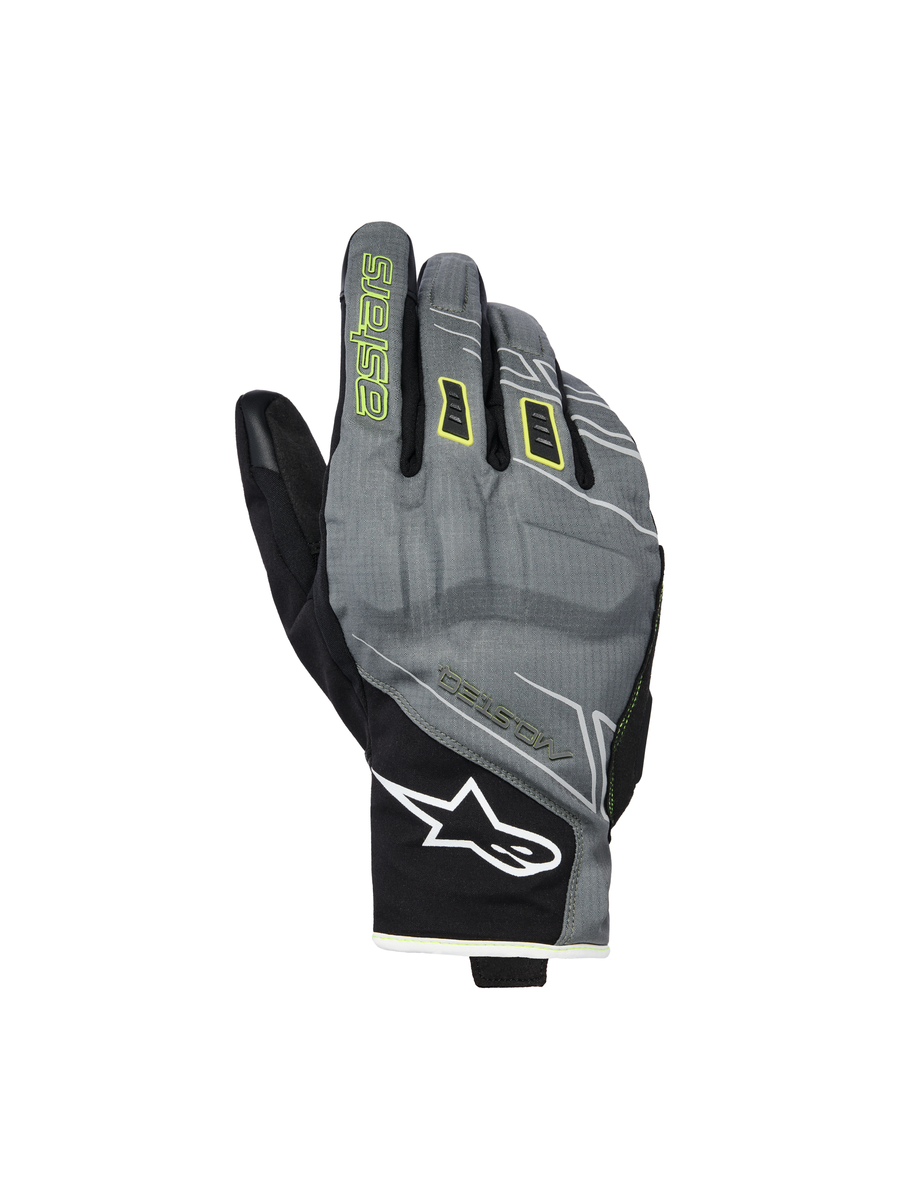 Rękawice wodoodporne Alpinestars Moblast, rękawice motocyklowe, szaro-czarne z neonowożółtymi akcentami (Sulphur Yellow), miejski design z krótkim mankietem, białe logo Astar na nadgarstku, neonowożółte logo na palcu wskazującym, wodoodporna membrana Drystar do dojazdów w okresie przejściowym.
