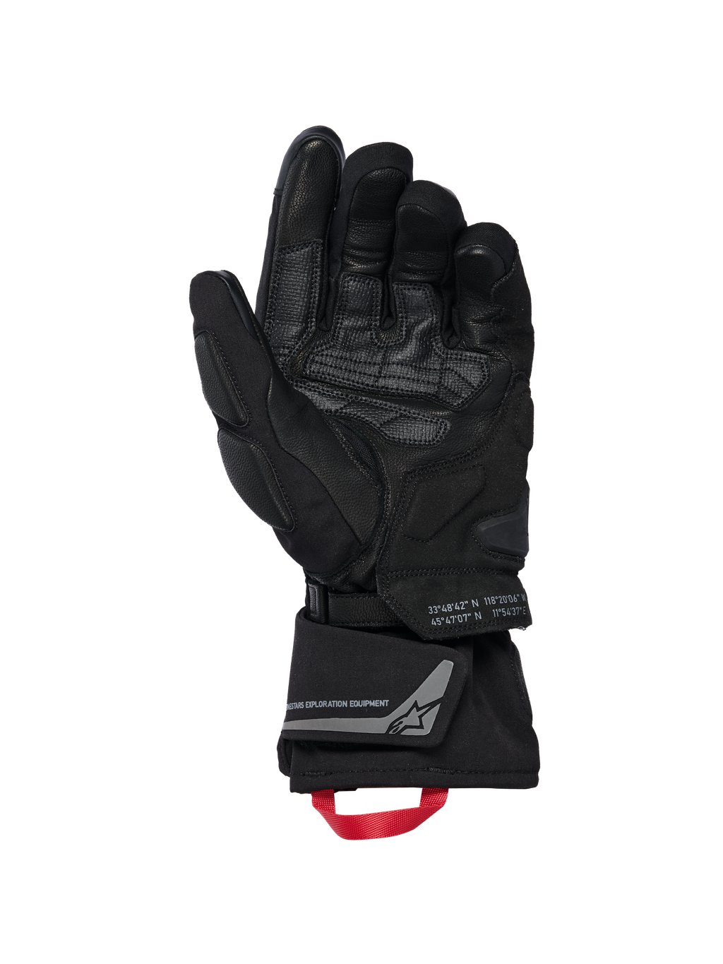 Rękawice Alpinestars WT-8 GORE-TEX Insulated, rękawice motocyklowe, czarne, widok wewnętrznej strony dłoni pokazujący wzmocnione skórzane panele i wyściełane ślizgacze, długi mankiet z czerwoną pętlą i brandingiem Alpinestars Exploration Equipment ze współrzędnymi geograficznymi, techniczny design szosowy i adventure