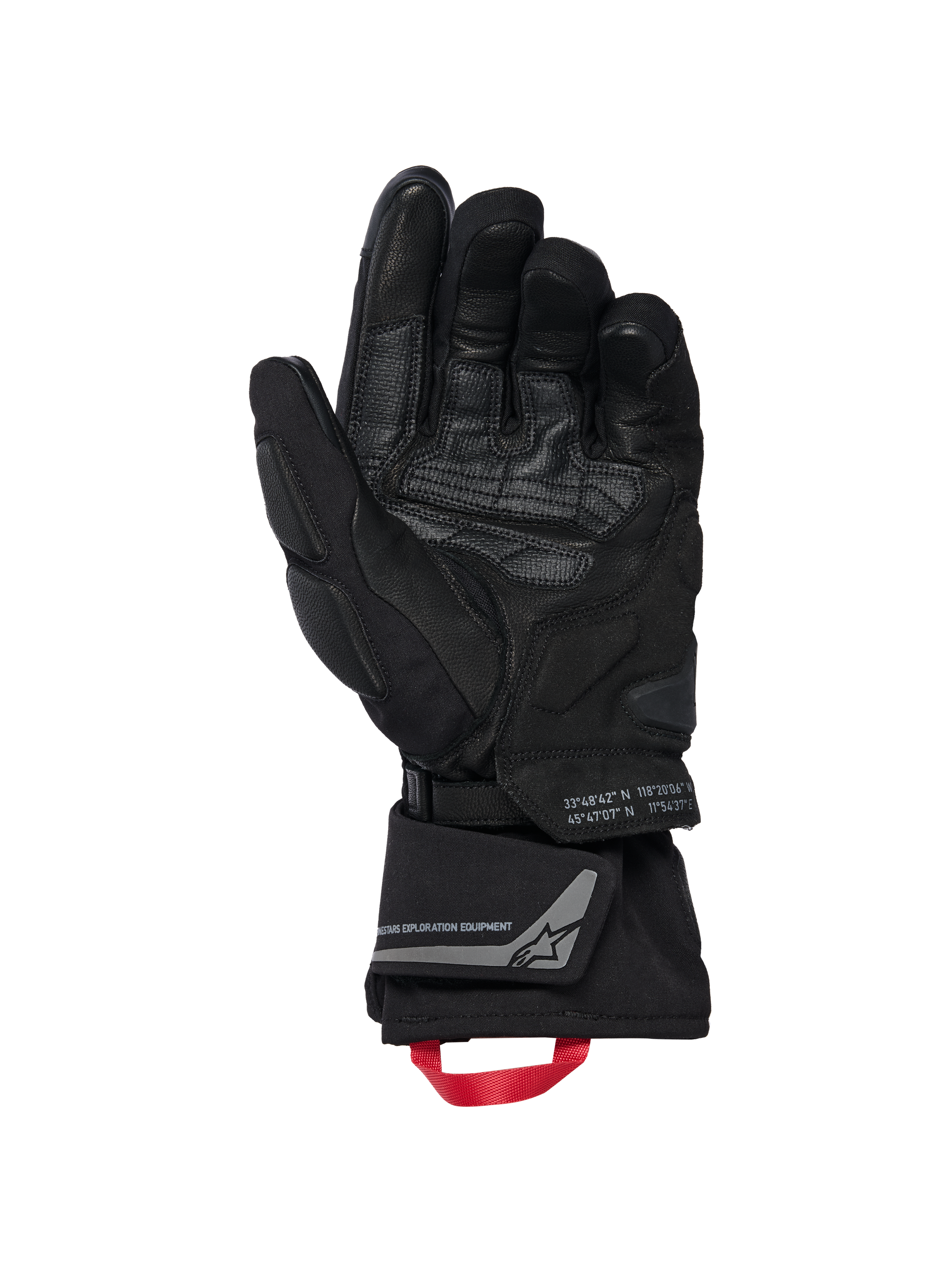 Rękawice Alpinestars WT-8 GORE-TEX Insulated, rękawice motocyklowe, czarne, widok wewnętrznej strony dłoni pokazujący wzmocnione skórzane panele i wyściełane ślizgacze, długi mankiet z czerwoną pętlą i brandingiem Alpinestars Exploration Equipment ze współrzędnymi geograficznymi, techniczny design szosowy i adventure