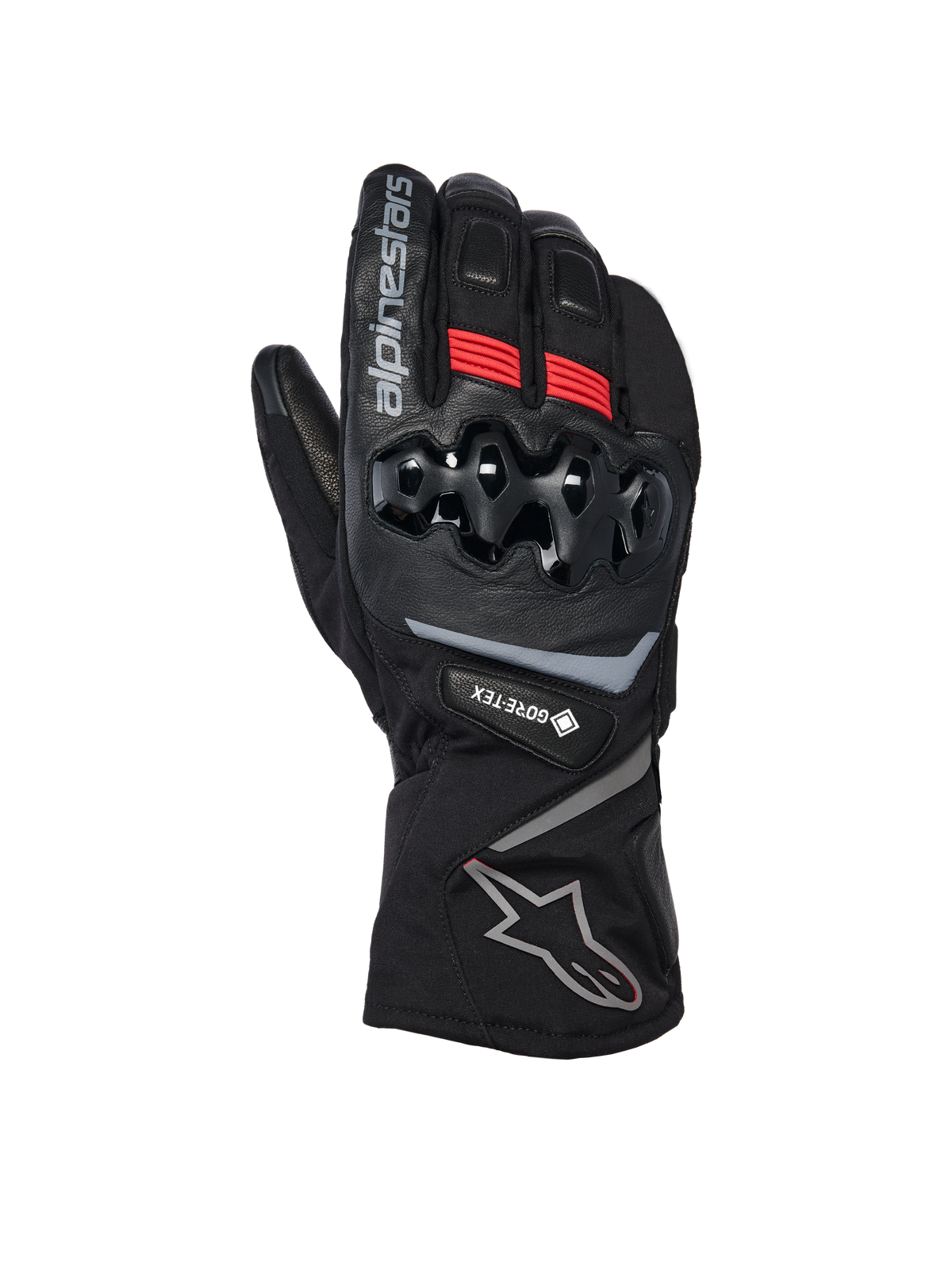Alpinestars WT-8 GORE-TEX Insulated Gloves, zimowe rękawice motocyklowe, czarne z czerwonymi akcentami i srebrnymi logotypami, twardy ochraniacz kostek TPU, długi mankiet i wodoodporność GORE-TEX do jazdy w chłodne dni