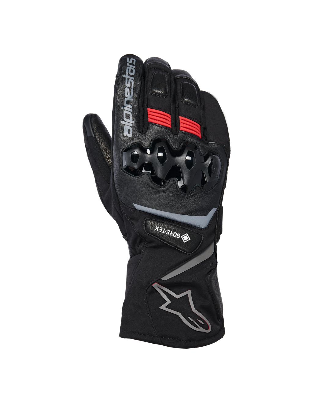 Alpinestars WT-8 GORE-TEX Insulated Gloves, zimowe rękawice motocyklowe, czarne z czerwonymi akcentami i srebrnymi logotypami, twardy ochraniacz kostek TPU, długi mankiet i wodoodporność GORE-TEX do jazdy w chłodne dni