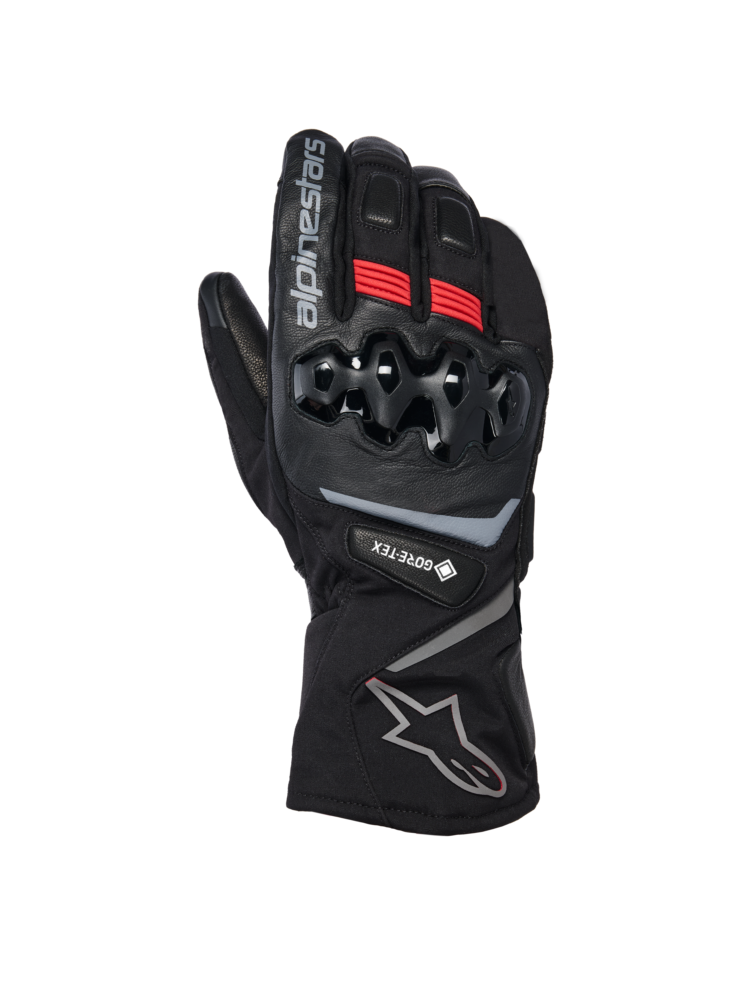 Alpinestars WT-8 GORE-TEX Insulated Gloves, zimowe rękawice motocyklowe, czarne z czerwonymi akcentami i srebrnymi logotypami, twardy ochraniacz kostek TPU, długi mankiet i wodoodporność GORE-TEX do jazdy w chłodne dni
