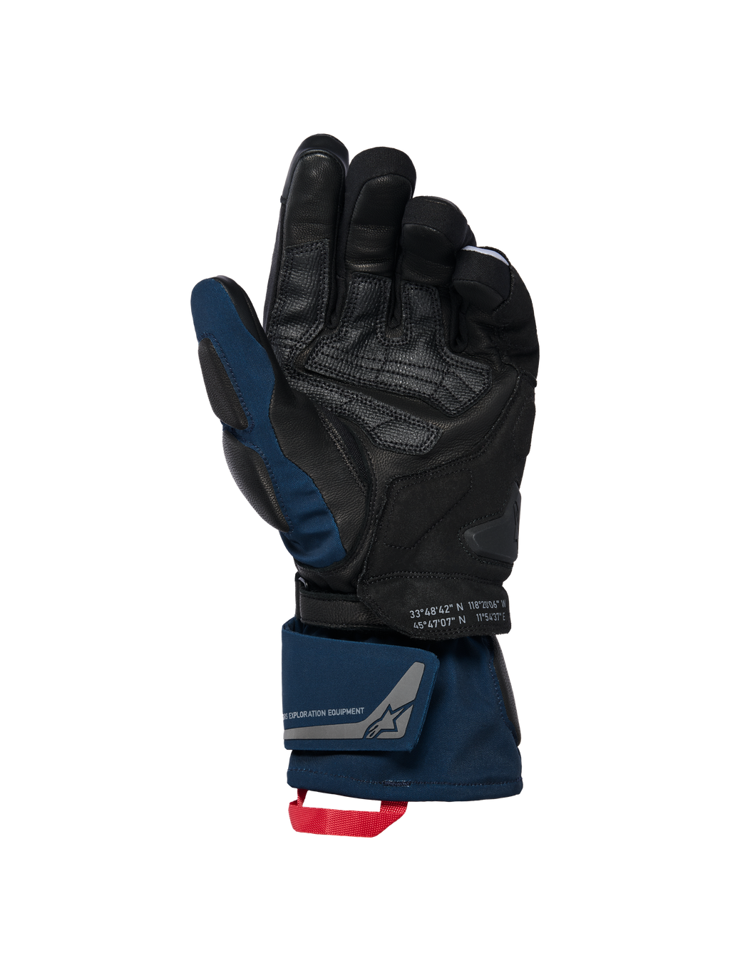 Rękawice Alpinestars WT-8 GORE-TEX Insulated, czarno-granatowe, widok od strony dłoni ze skórzanymi wzmocnieniami i wyściełanym sliderem, konstrukcja z długim mankietem, podwójne zapięcie na nadgarstku, czerwona pętla, detale ze współrzędnymi oraz branding exploration equipment