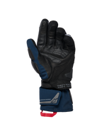 Rękawice Alpinestars WT-8 GORE-TEX Insulated, czarno-granatowe, widok od strony dłoni ze skórzanymi wzmocnieniami i wyściełanym sliderem, konstrukcja z długim mankietem, podwójne zapięcie na nadgarstku, czerwona pętla, detale ze współrzędnymi oraz branding exploration equipment