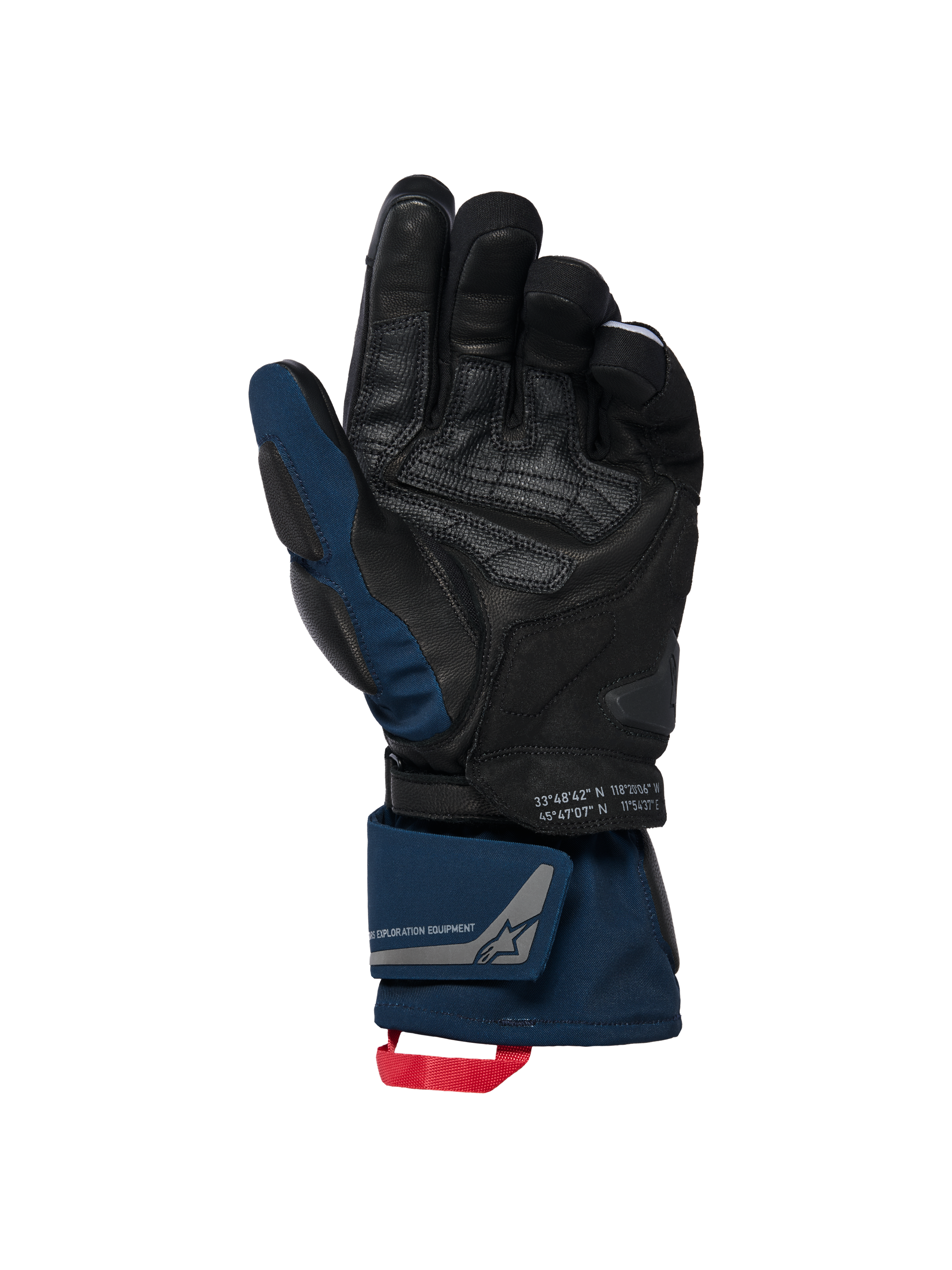 Rękawice Alpinestars WT-8 GORE-TEX Insulated, czarno-granatowe, widok od strony dłoni ze skórzanymi wzmocnieniami i wyściełanym sliderem, konstrukcja z długim mankietem, podwójne zapięcie na nadgarstku, czerwona pętla, detale ze współrzędnymi oraz branding exploration equipment