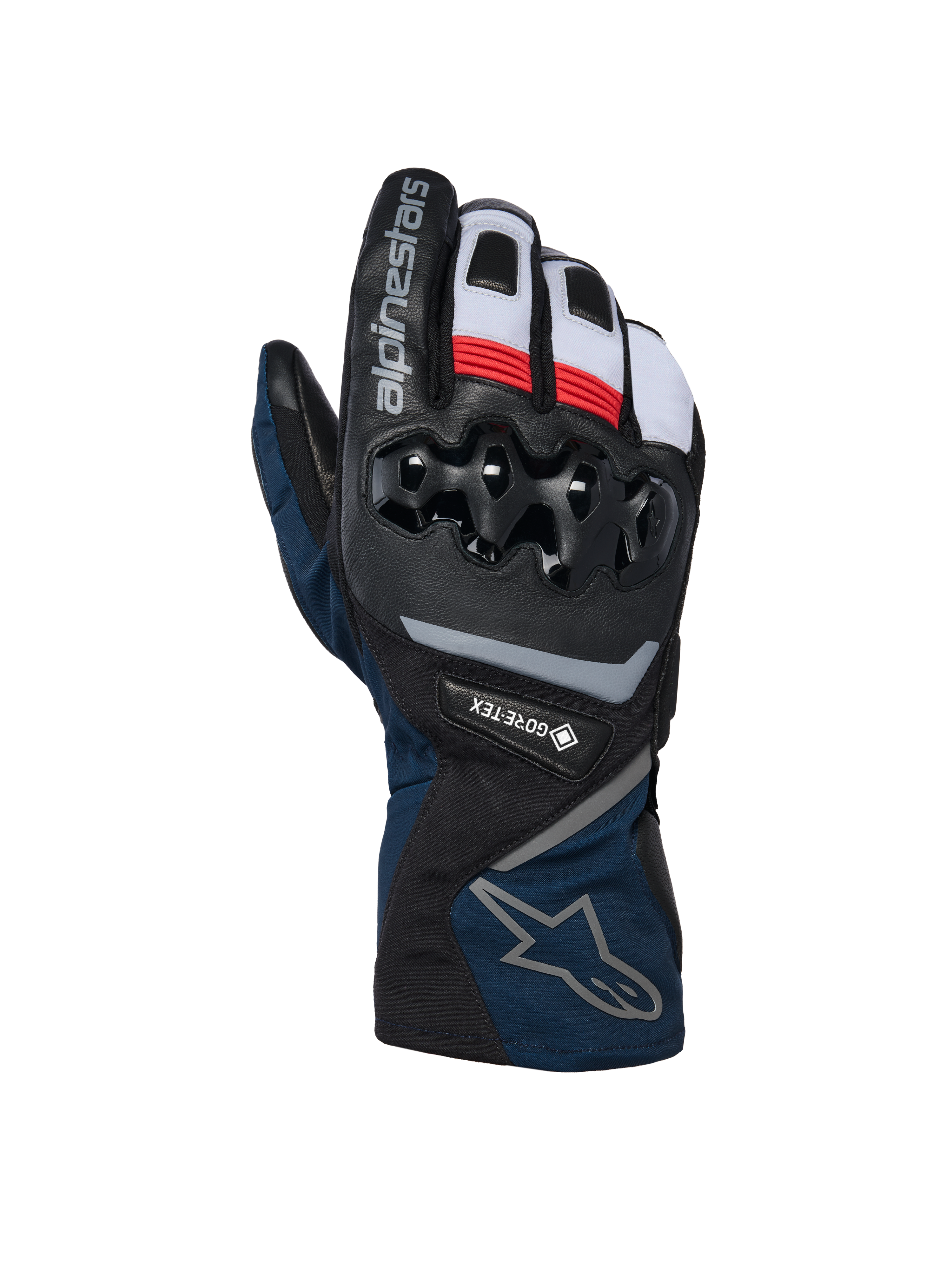 Alpinestars WT-8 GORE-TEX Insulated Gloves, motorcycle winter gloves, Black and Dark Blue with red and white accents, featuring hard TPU knuckle protection, GORE-TEX branding, and long-cuff design.
