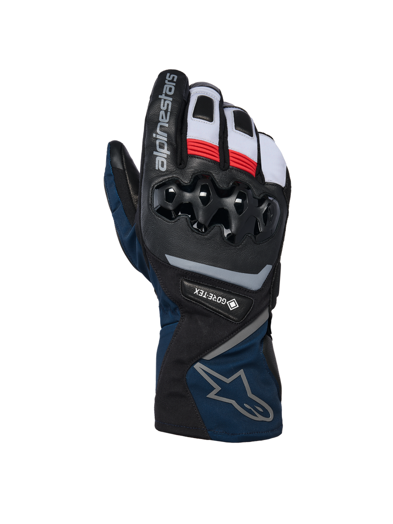 Alpinestars WT-8 GORE-TEX Insulated Gloves, zimowe rękawice motocyklowe, czarno-granatowe z czerwonymi i białymi akcentami, twardy ochraniacz kostek TPU, logo GORE-TEX, konstrukcja z długim mankietem