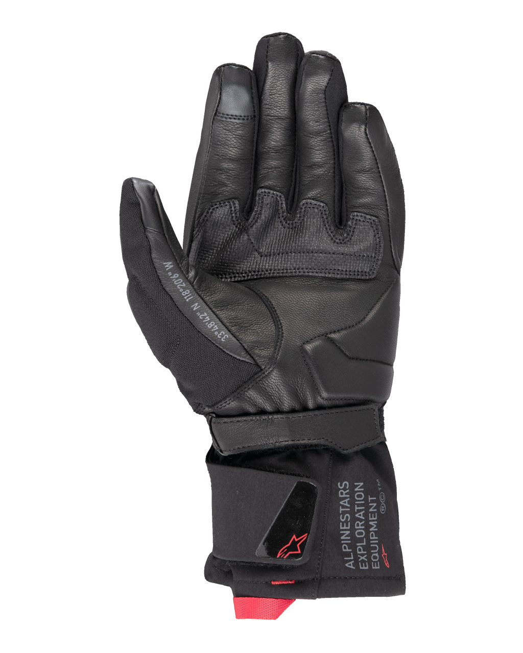 Alpinestars WT-4 GORE-TEX Insulated Glove, rękawica motocyklowa, czarna, widok od strony dłoni o skórzanej konstrukcji z gumową wstawką poprawiającą chwyt, mankiet średniej długości z brandingiem Alpinestars Exploration Equipment i czerwonymi akcentami logo