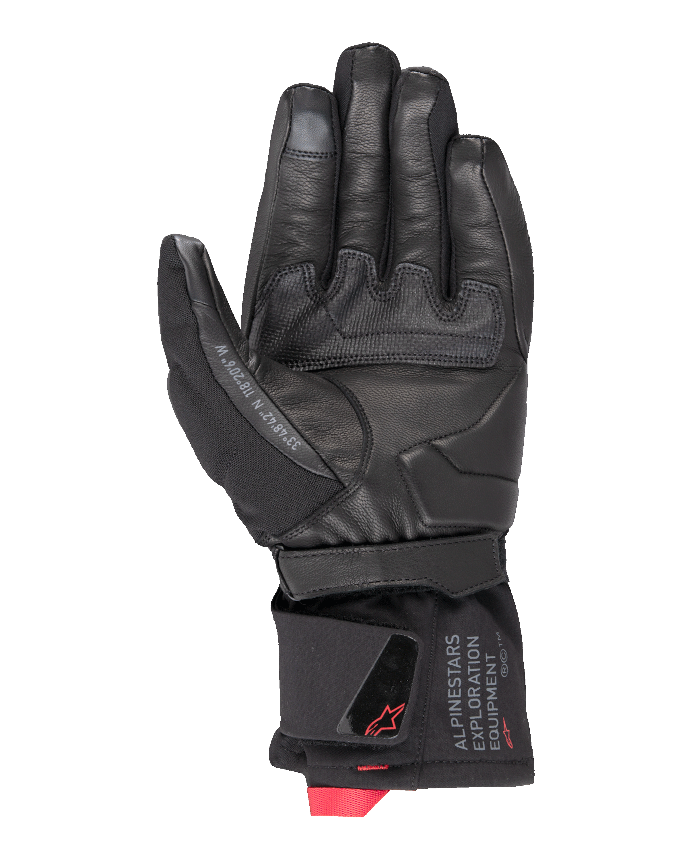 Alpinestars WT-4 GORE-TEX Insulated Glove, rękawica motocyklowa, czarna, widok od strony dłoni o skórzanej konstrukcji z gumową wstawką poprawiającą chwyt, mankiet średniej długości z brandingiem Alpinestars Exploration Equipment i czerwonymi akcentami logo
