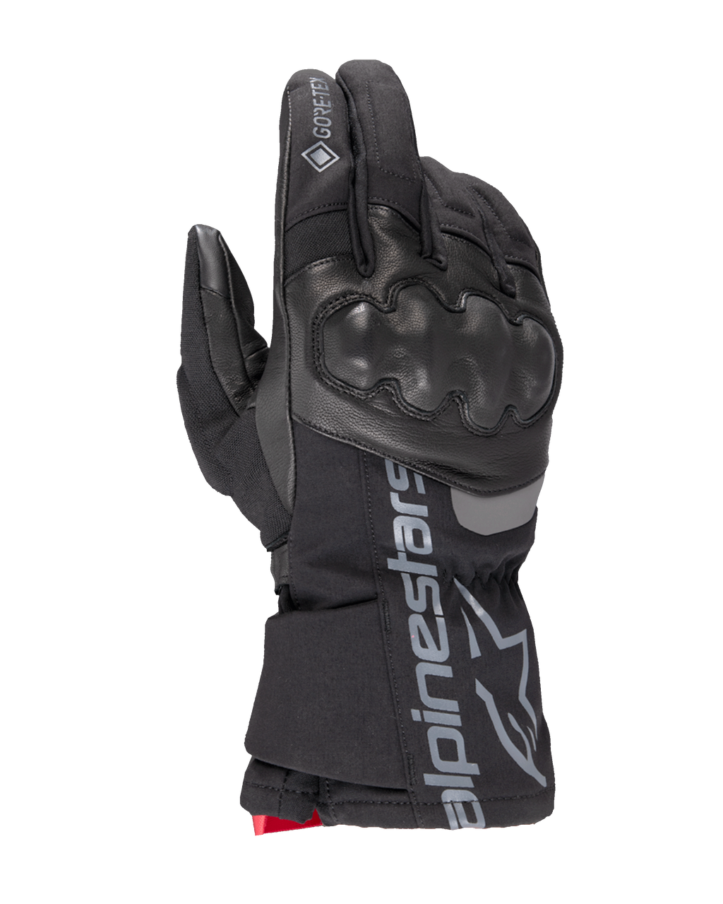 Alpinestars WT-4 Gore-Tex Insulated Glove, czarna rękawica motocyklowa, twardy ochraniacz kostek, konstrukcja skórzano-tekstylna, wodoodporna technologia GORE-TEX, srebrne logo i napis Alpinestars na mankiecie, czerwony akcent przy nadgarstku, zimowa rękawica motocyklowa