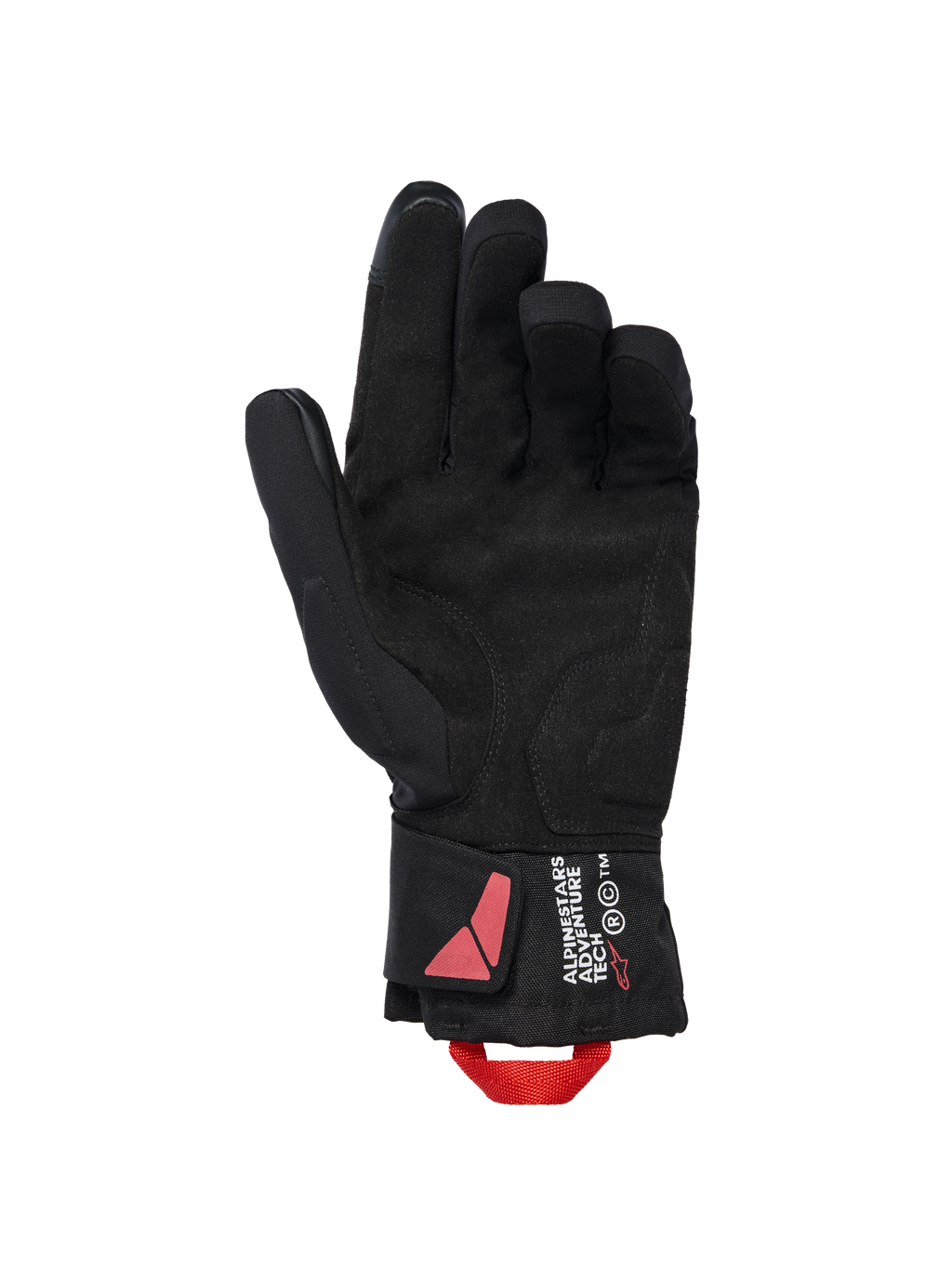 Alpinestars XT-3 Drystar® Insulated Gloves, czarne rękawice motocyklowe, widok od strony dłoni z zamszowego materiału i czerwona pętelka, branding Alpinestars Adventure Tech na mankiecie, wodoodporna zimowa odzież motocyklowa