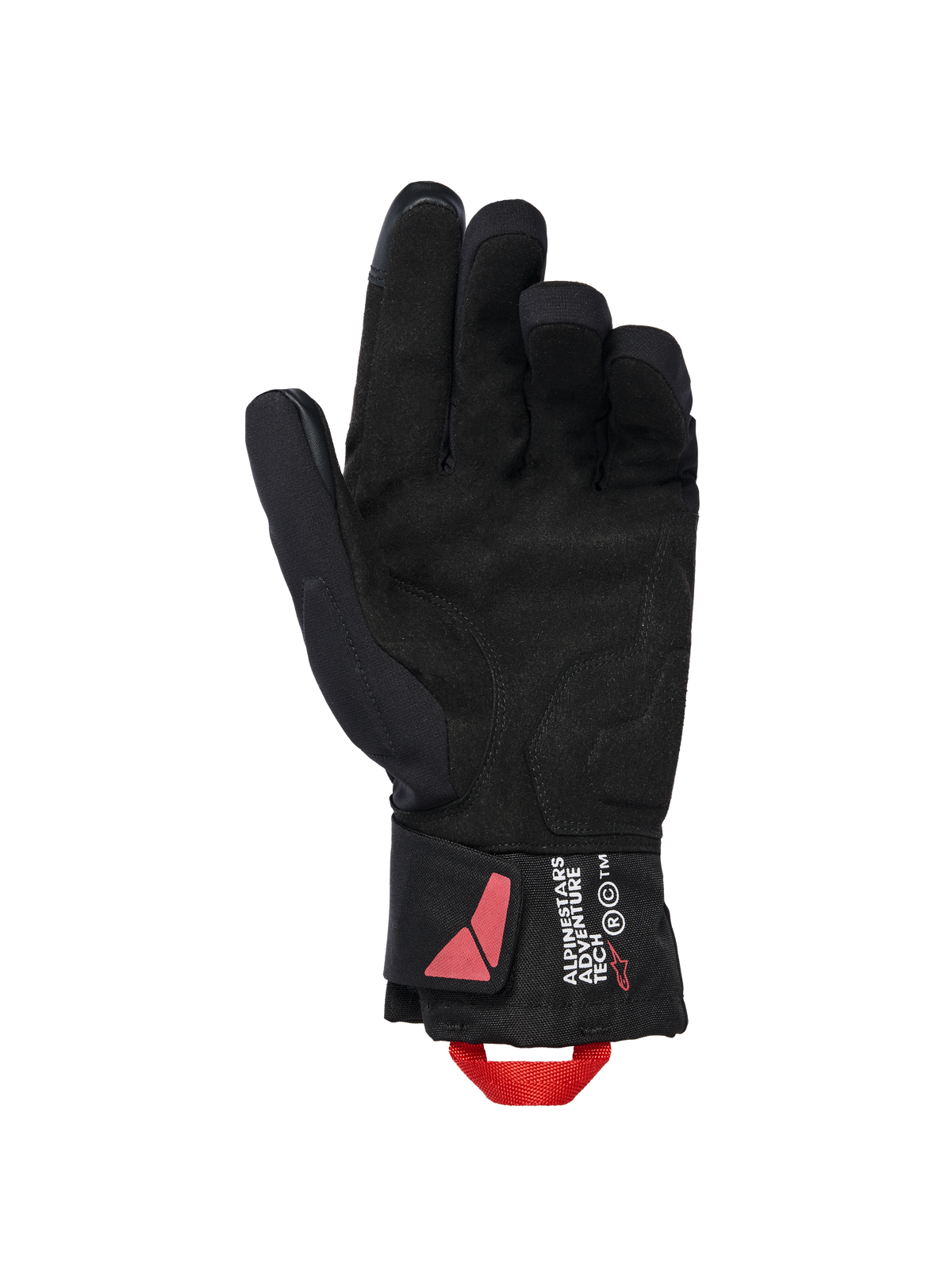 Alpinestars XT-3 Drystar® Insulated Gloves, czarne rękawice motocyklowe, widok od strony dłoni z zamszowego materiału i czerwona pętelka, branding Alpinestars Adventure Tech na mankiecie, wodoodporna zimowa odzież motocyklowa