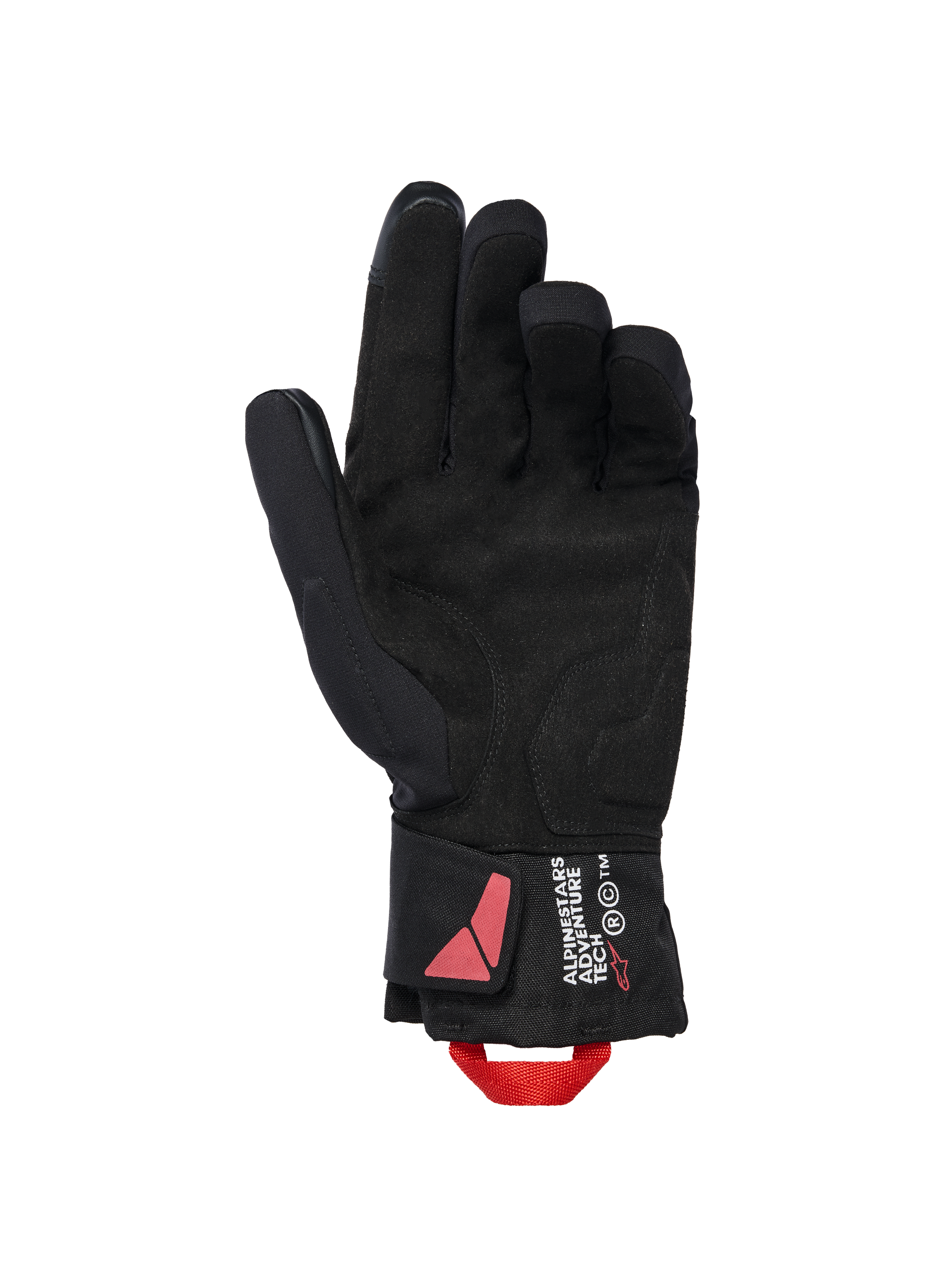 Alpinestars XT-3 Drystar® Insulated Gloves, czarne rękawice motocyklowe, widok od strony dłoni z zamszowego materiału i czerwona pętelka, branding Alpinestars Adventure Tech na mankiecie, wodoodporna zimowa odzież motocyklowa