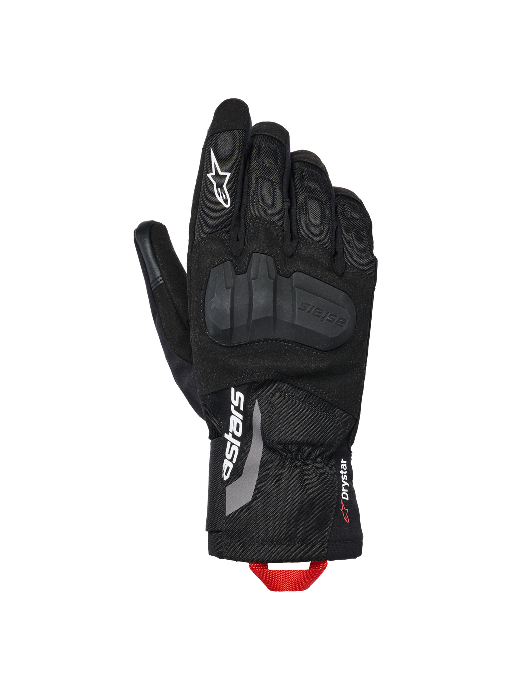 Alpinestars XT-3 Drystar® Insulated Gloves, motocyklowe rękawice adventure, czarne z białym brandingiem i czerwoną pętlą, ze zintegrowaną ochroną kostek, konstrukcja tekstylno-zamszowa, mankiet średniej długości