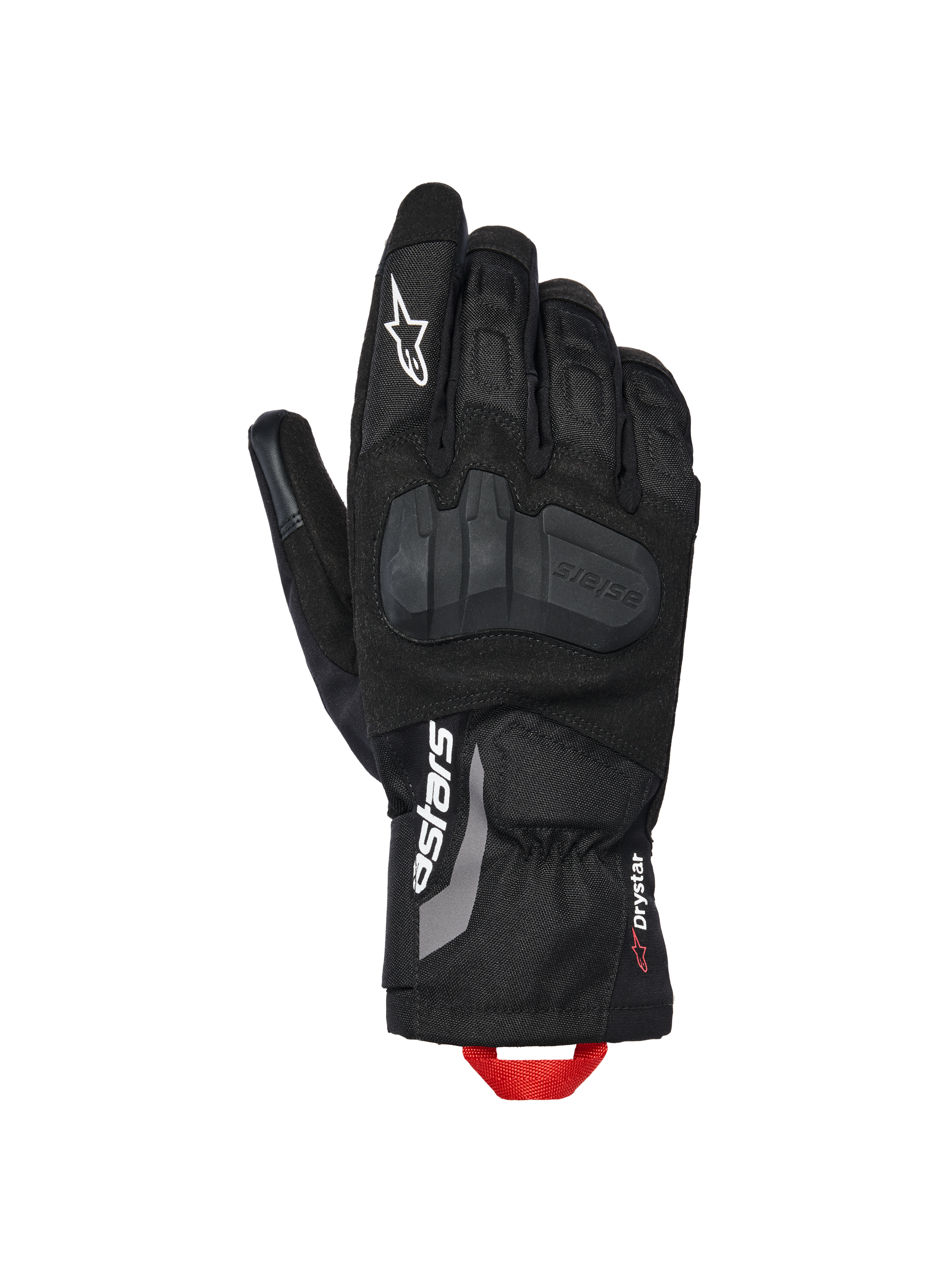 Alpinestars XT-3 Drystar® Insulated Gloves, motocyklowe rękawice adventure, czarne z białym brandingiem i czerwoną pętlą, ze zintegrowaną ochroną kostek, konstrukcja tekstylno-zamszowa, mankiet średniej długości