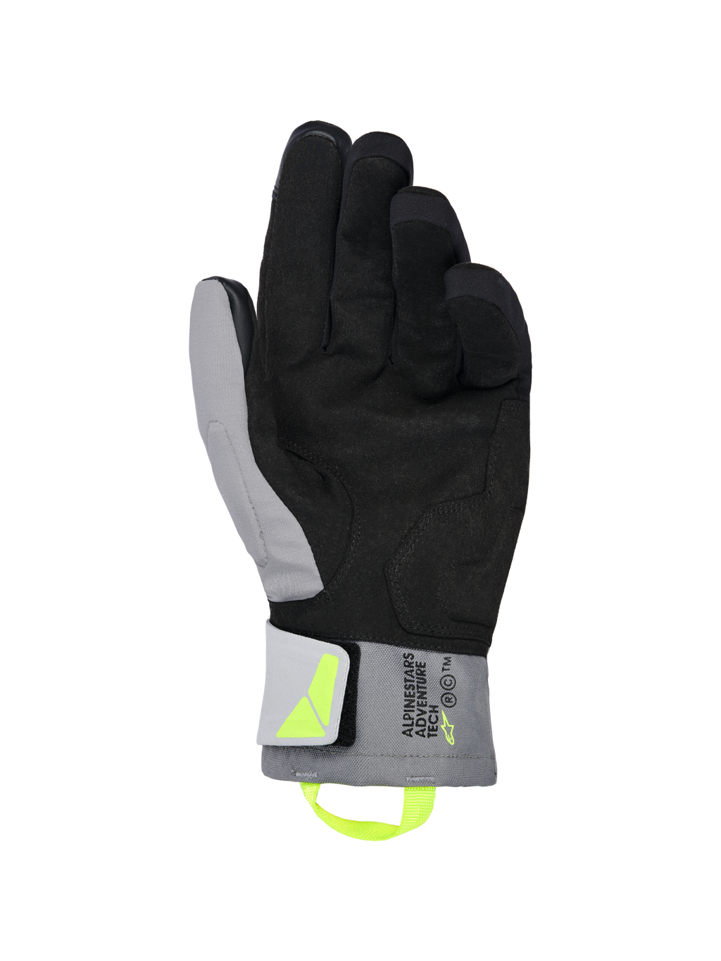 Rękawice Alpinestars XT-3 Drystar® Insulated, czarno-ciemnoszare rękawice motocyklowe, widok od strony dłoni prezentujący miękki czarny zamsz i szary materiał tekstylny, fluorescencyjny żółty uchwyt i logo, branding „ALPINESTARS ADVENTURE TECH” na mankiecie, wodoodporne i ocieplane do jazdy adventure