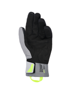 Rękawice Alpinestars XT-3 Drystar® Insulated, czarno-ciemnoszare rękawice motocyklowe, widok od strony dłoni prezentujący miękki czarny zamsz i szary materiał tekstylny, fluorescencyjny żółty uchwyt i logo, branding „ALPINESTARS ADVENTURE TECH” na mankiecie, wodoodporne i ocieplane do jazdy adventure