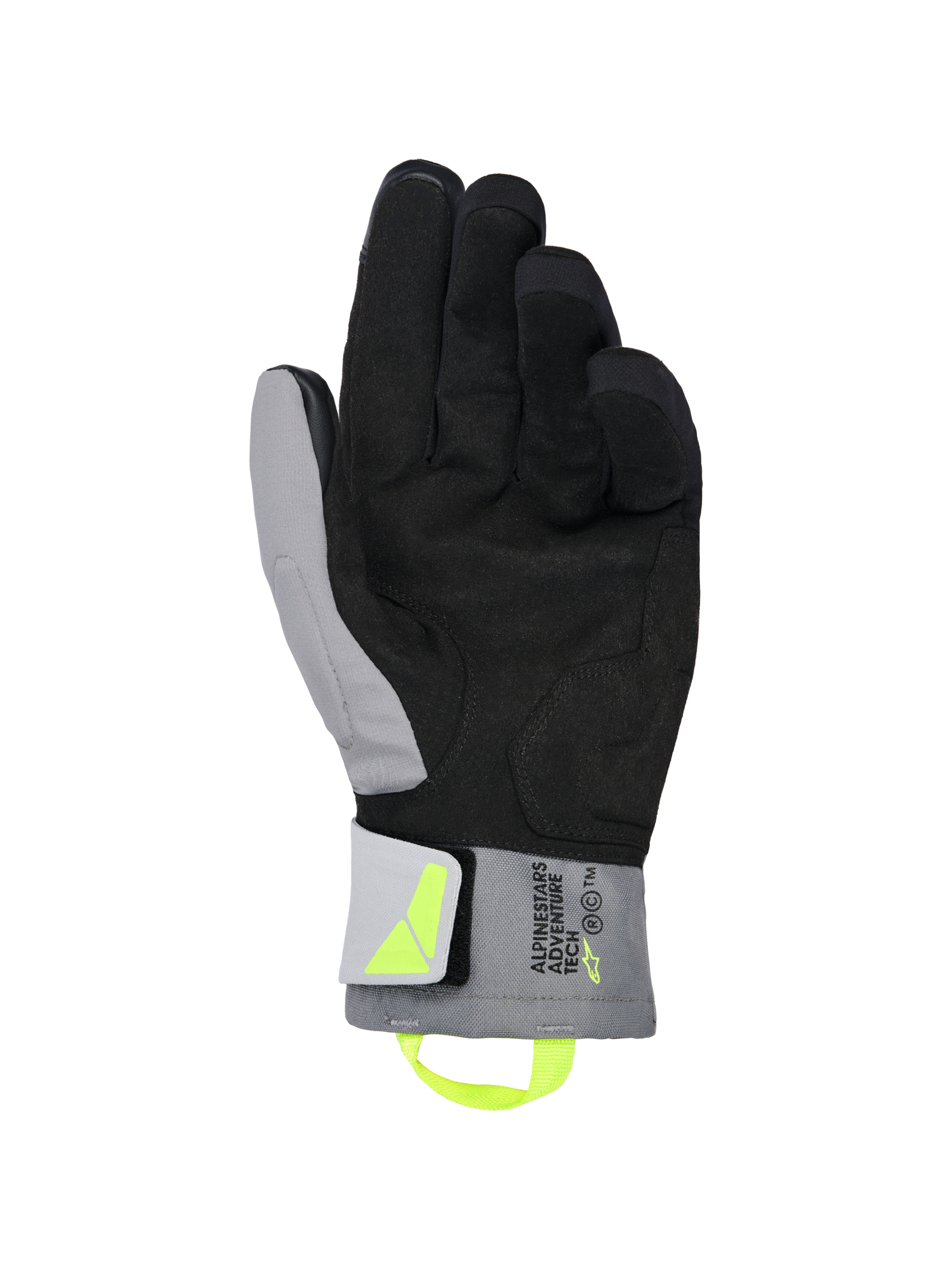 Rękawice Alpinestars XT-3 Drystar® Insulated, czarno-ciemnoszare rękawice motocyklowe, widok od strony dłoni prezentujący miękki czarny zamsz i szary materiał tekstylny, fluorescencyjny żółty uchwyt i logo, branding „ALPINESTARS ADVENTURE TECH” na mankiecie, wodoodporne i ocieplane do jazdy adventure
