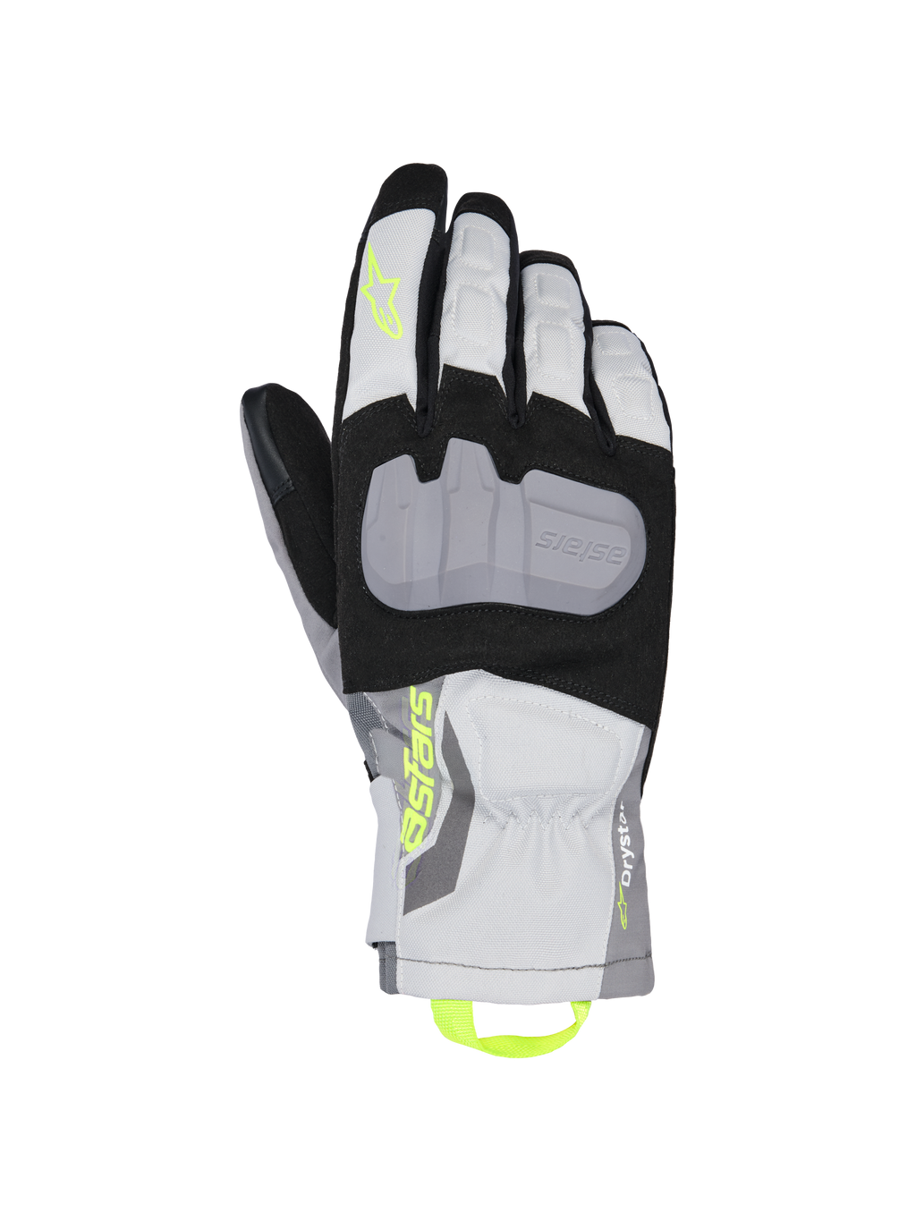 Alpinestars XT-3 Drystar Insulated Gloves, rękawice motocyklowe turystyczne, czarne, szare i białe, szary ochraniacz kostek, neonowożółte logo Astars i pętla, wodoodporna tekstylna konstrukcja, mankiet średniej długości