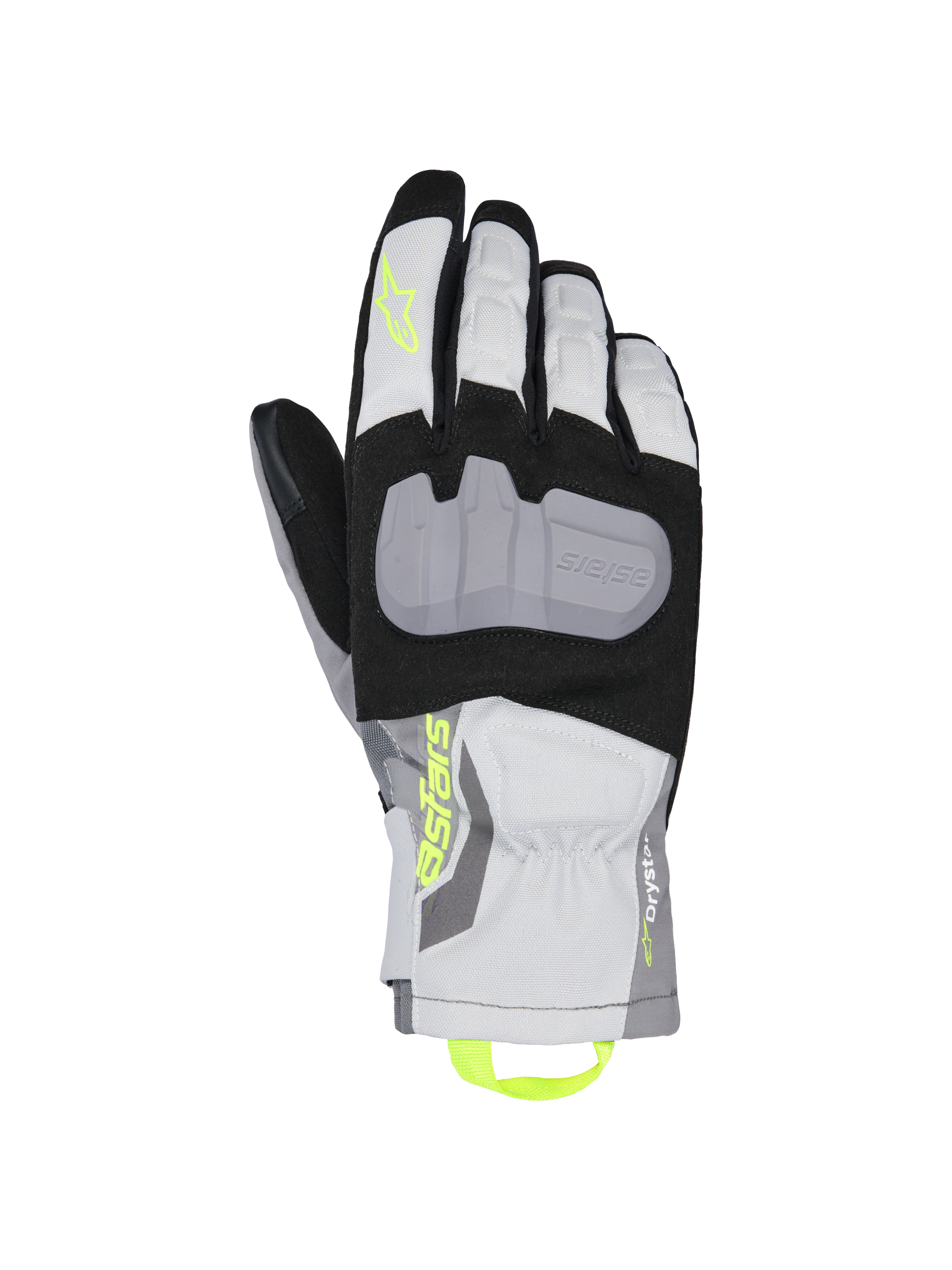 Alpinestars XT-3 Drystar Insulated Gloves, rękawice motocyklowe turystyczne, czarne, szare i białe, szary ochraniacz kostek, neonowożółte logo Astars i pętla, wodoodporna tekstylna konstrukcja, mankiet średniej długości