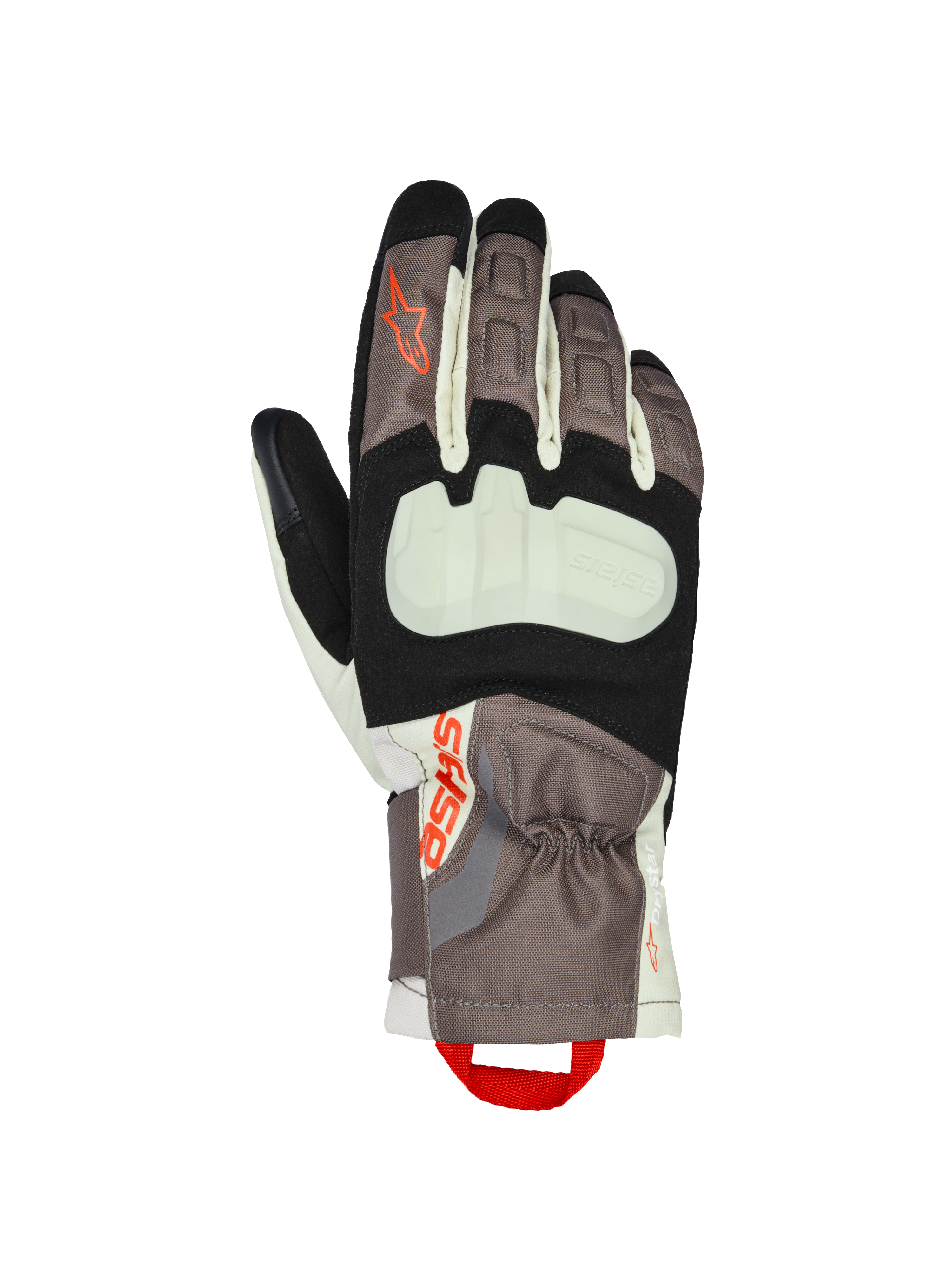 Alpinestars XT-3 Drystar® Insulated Gloves, Motorcycle Touring Gloves, Dark Brown, Sand and Black with Orange Accents, featuring an exposed knuckle protector, mid-length cuff, durable textile construction, and Alpinestars branding with a red finger pull loop.