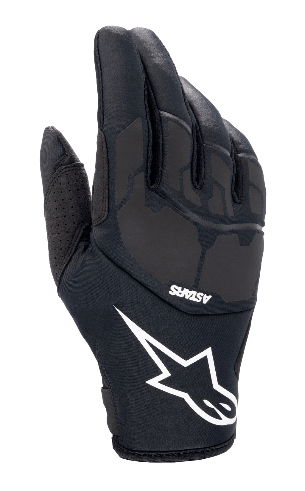 Alpinestars Thermo Shielder Gloves, Black Motocross Gloves, featuring a large white star logo and ASTARS branding, padded backhand with laser-laminated details, neoprene construction for cold weather, perforated thumb ventilation