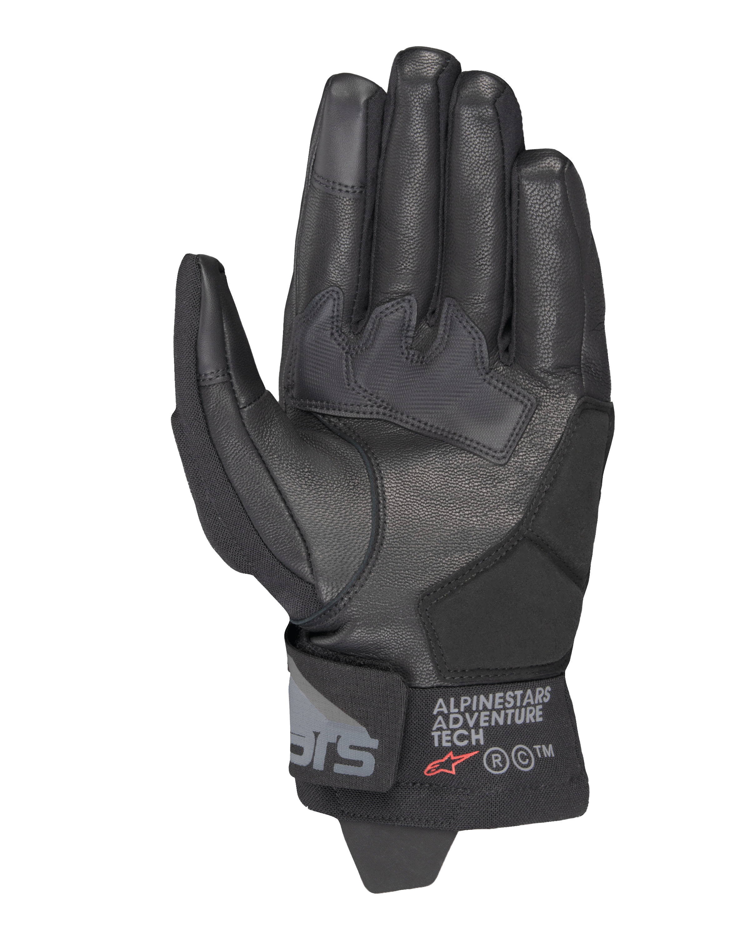 Rękawice Alpinestars Corozal V3 Drystar®, czarne, widok od strony dłoni ukazujący skórzaną konstrukcję ze wzmocnieniami, krótki mankiet z brandingiem Alpinestars Adventure Tech, końcówki palców kompatybilne z ekranami dotykowymi, wytrzymały sprzęt motocyklowy adventure na każdą pogodę.
