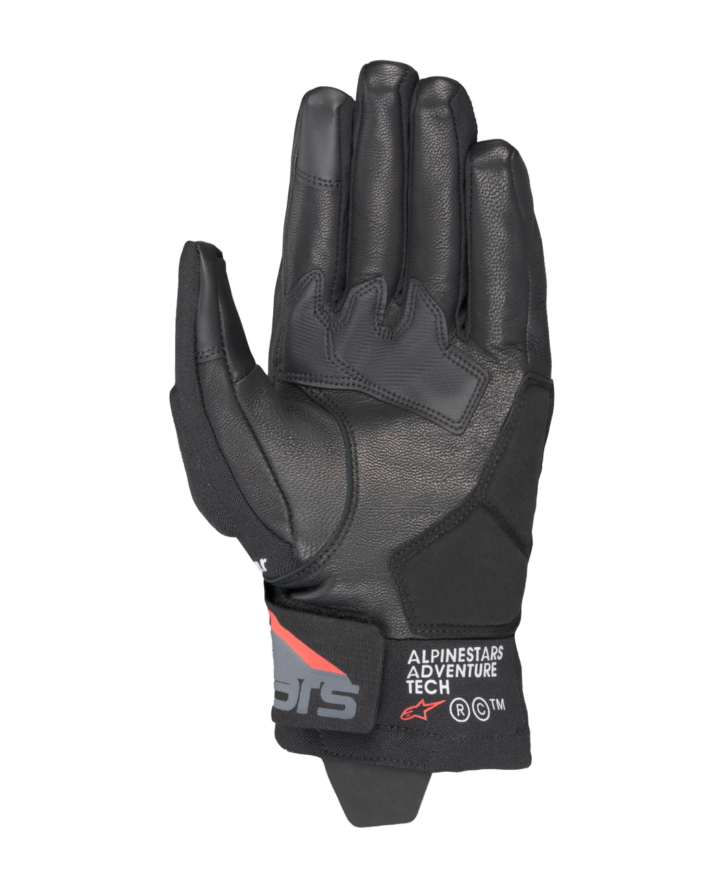 Rękawice Alpinestars Corozal V3 Drystar®, Black Deep Gray Red Fluo, widok od strony dłoni, skórzana konstrukcja, syntetyczne wzmocnienia dłoni, krótki mankiet z logo Alpinestars Adventure Tech