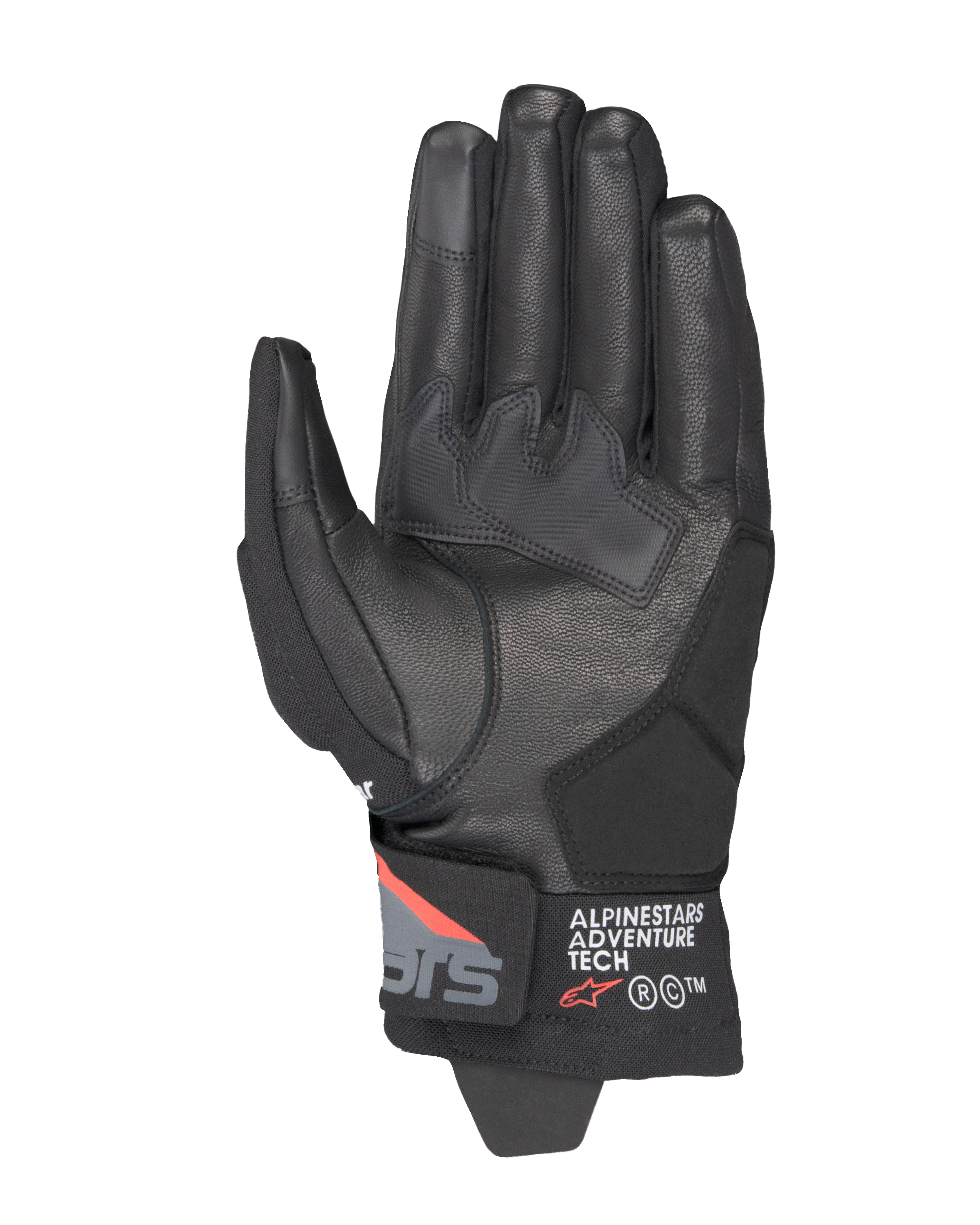 Rękawice Alpinestars Corozal V3 Drystar®, Black Deep Gray Red Fluo, widok od strony dłoni, skórzana konstrukcja, syntetyczne wzmocnienia dłoni, krótki mankiet z logo Alpinestars Adventure Tech