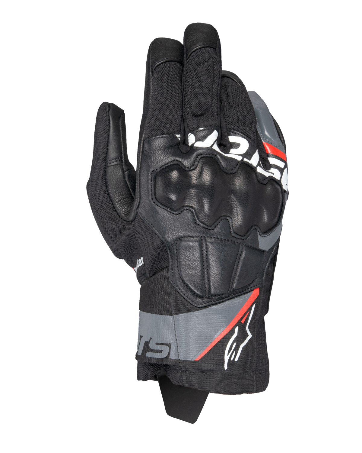 Rękawice Alpinestars Corozal V3 Drystar®, motocyklowe rękawice adventure, czarne z ciemnoszarymi i czerwonymi akcentami fluo, widok z góry na skórzane ochraniacze kostek SP, konstrukcja tekstylno-skórzana, krótki mankiet, wodoodporna odzież adventure