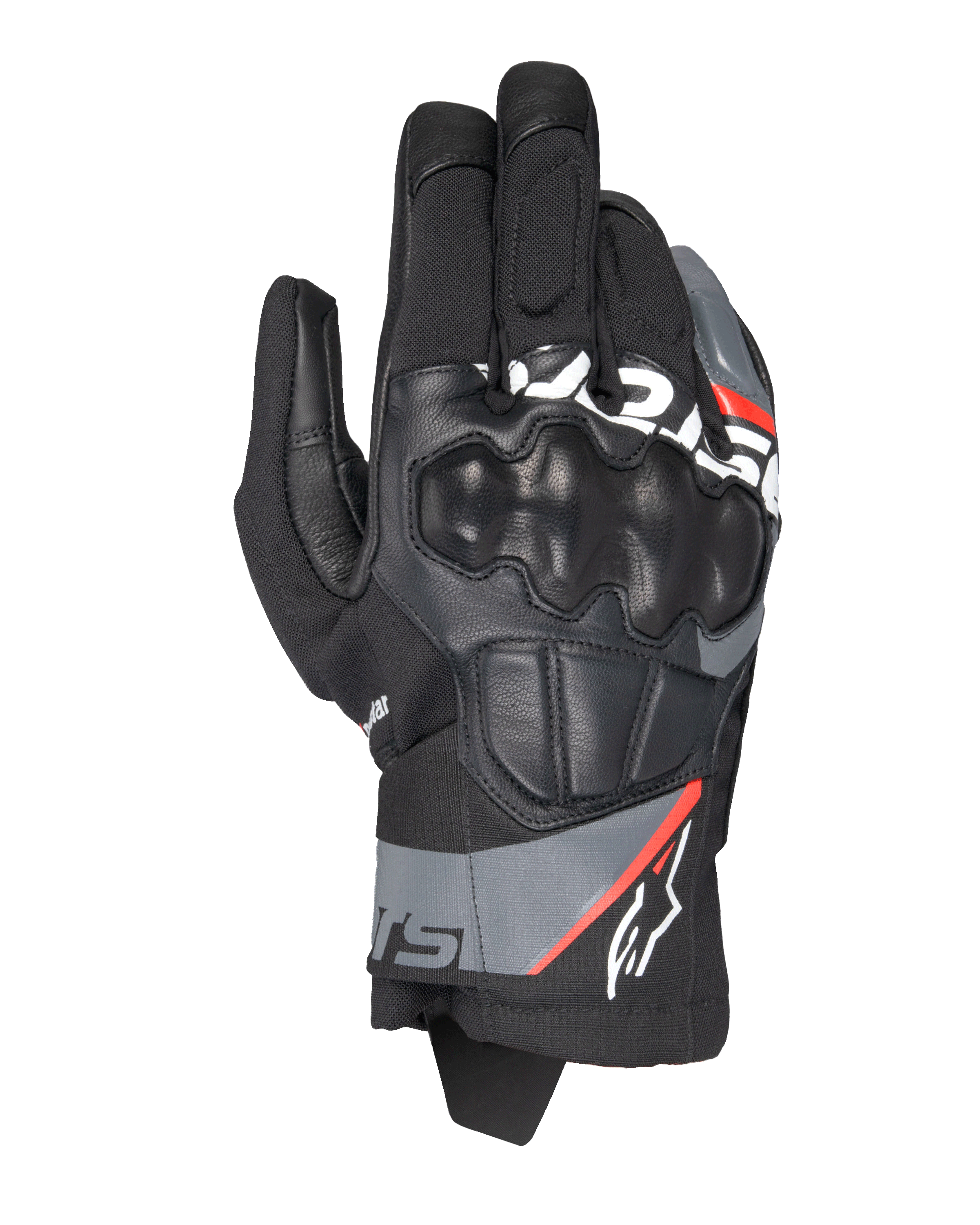 Rękawice Alpinestars Corozal V3 Drystar®, motocyklowe rękawice adventure, czarne z ciemnoszarymi i czerwonymi akcentami fluo, widok z góry na skórzane ochraniacze kostek SP, konstrukcja tekstylno-skórzana, krótki mankiet, wodoodporna odzież adventure