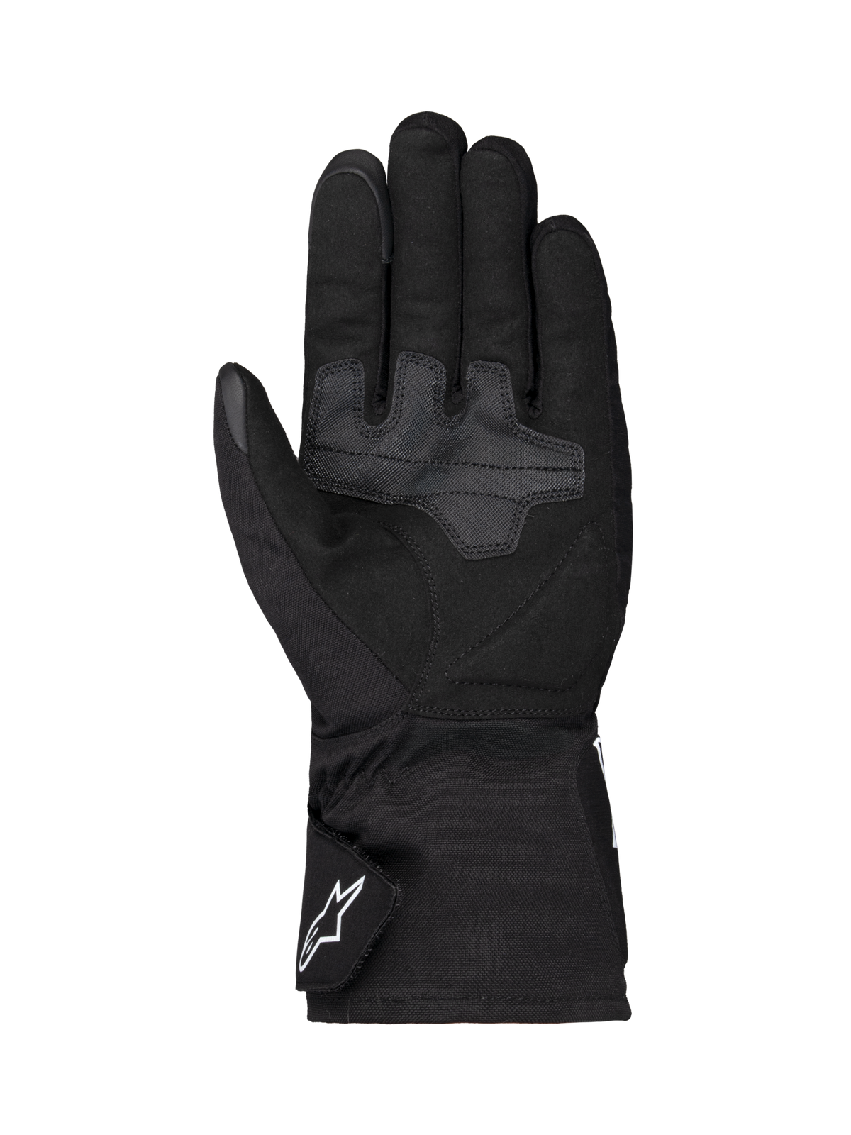 Alpinestars Wt-1 Drystar® Insulated Gloves, rękawice motocyklowe, czarne, widok od strony dłoni z wzmocnionymi tekstylnymi strefami chwytu, długi mankiet z białym logo Alpinestars na pasku, odporna na warunki atmosferyczne konstrukcja do jazdy szosowej
