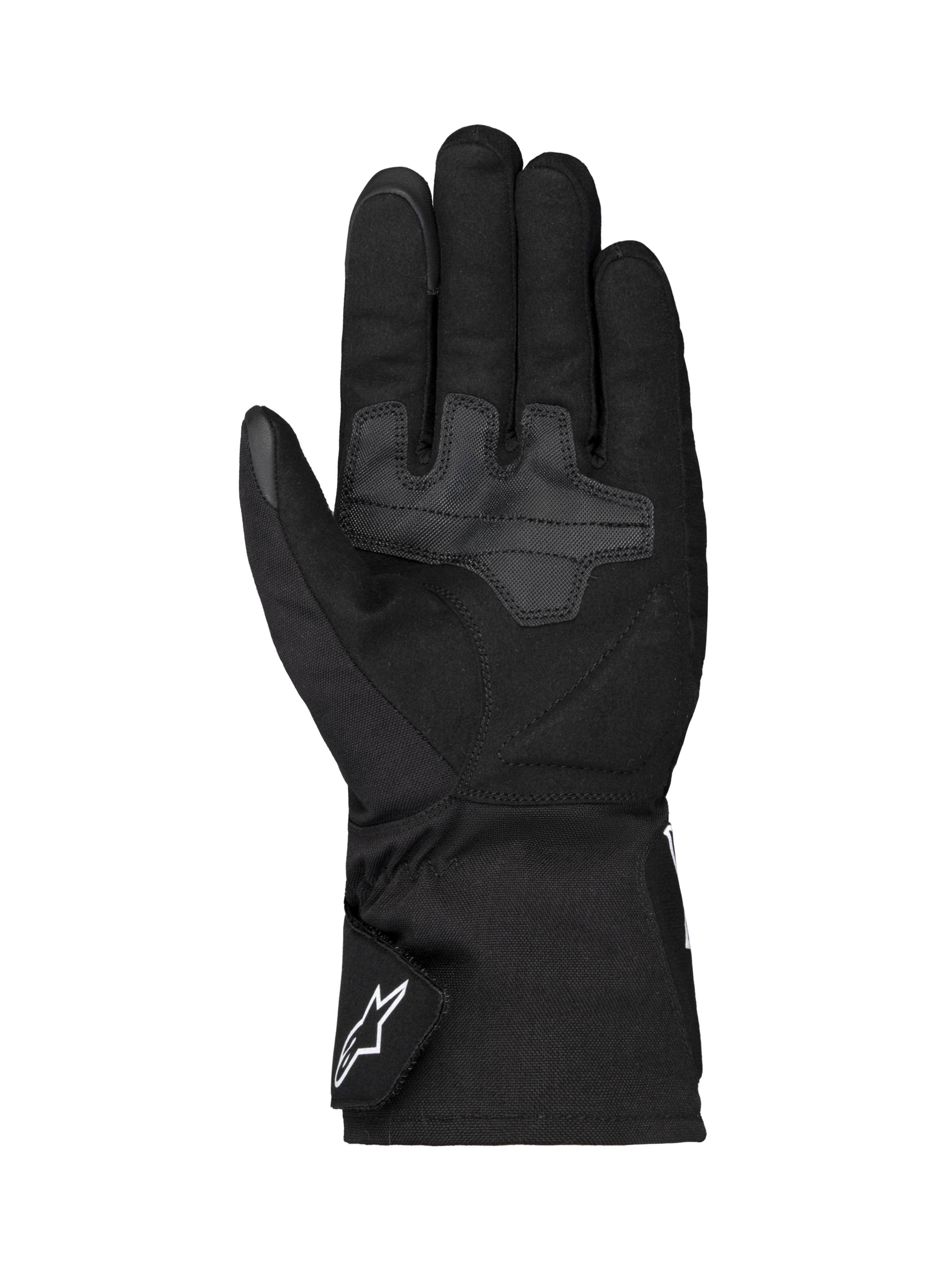 Alpinestars Wt-1 Drystar® Insulated Gloves, rękawice motocyklowe, czarne, widok od strony dłoni z wzmocnionymi tekstylnymi strefami chwytu, długi mankiet z białym logo Alpinestars na pasku, odporna na warunki atmosferyczne konstrukcja do jazdy szosowej