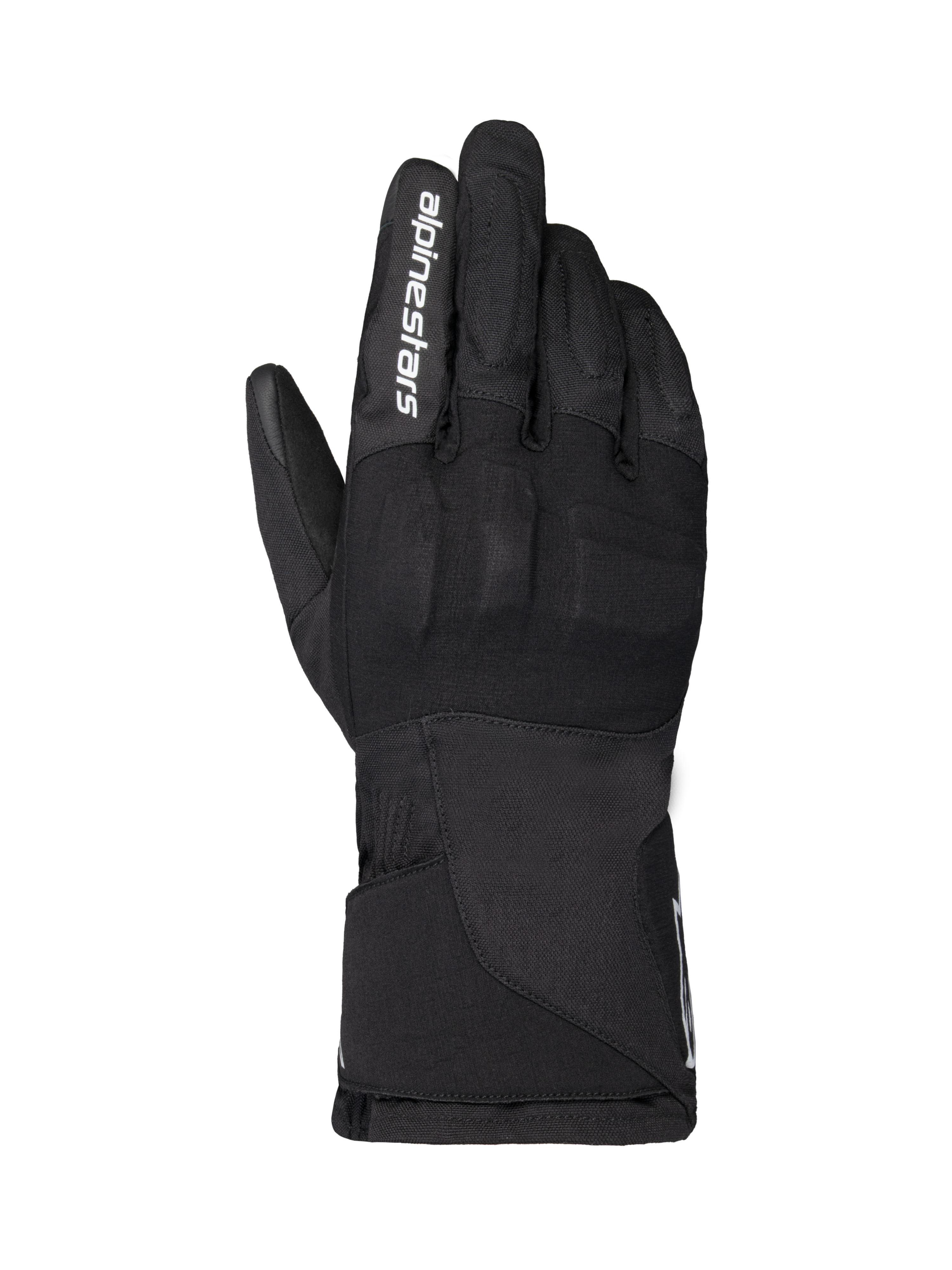Alpinestars WT-1 Drystar Insulated Gloves, rękawice motocyklowe, czarne, tekstylna konstrukcja ze zintegrowaną ochroną kłykci, białe logo Alpinestars na palcu wskazującym, długi mankiet, wodoodporna i termiczna odzież do jazdy szosowej i adventure