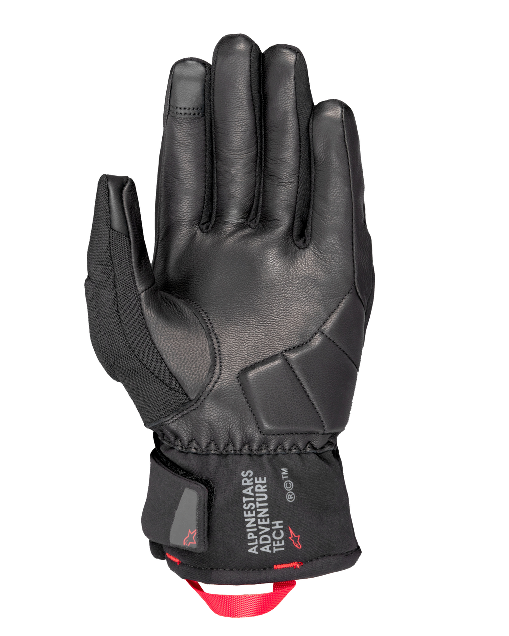 Alpinestars Crestone GORE-TEX Insulated Gloves, rękawice motocyklowe, czarne, widok od strony dłoni prezentujący skórzaną konstrukcję ze wzmocnioną wyściółką ochronną, krótki mankiet z logo Alpinestars Adventure Tech i jaskrawoczerwoną pętlą z taśmy