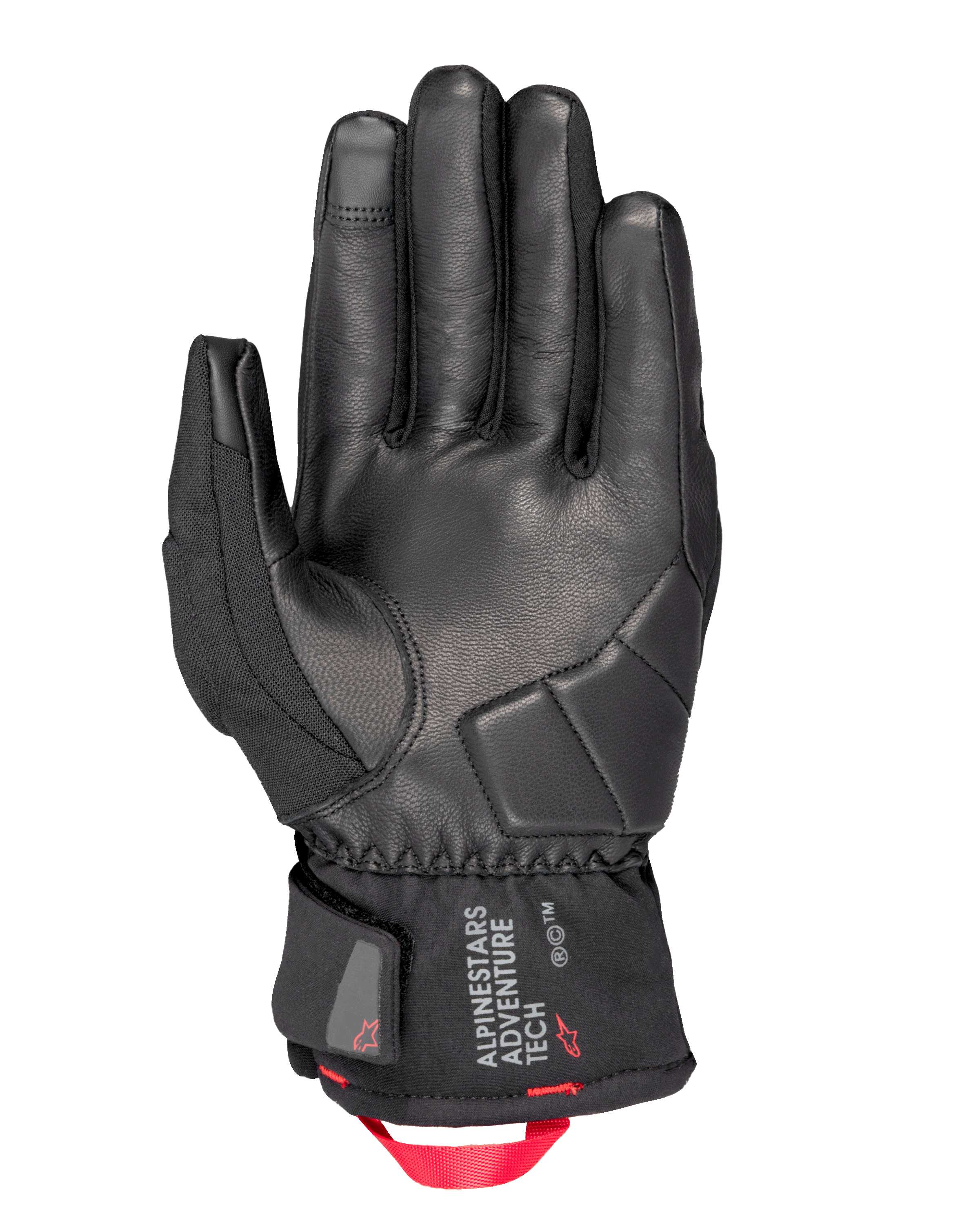 Alpinestars Crestone GORE-TEX Insulated Gloves, rękawice motocyklowe, czarne, widok od strony dłoni prezentujący skórzaną konstrukcję ze wzmocnioną wyściółką ochronną, krótki mankiet z logo Alpinestars Adventure Tech i jaskrawoczerwoną pętlą z taśmy