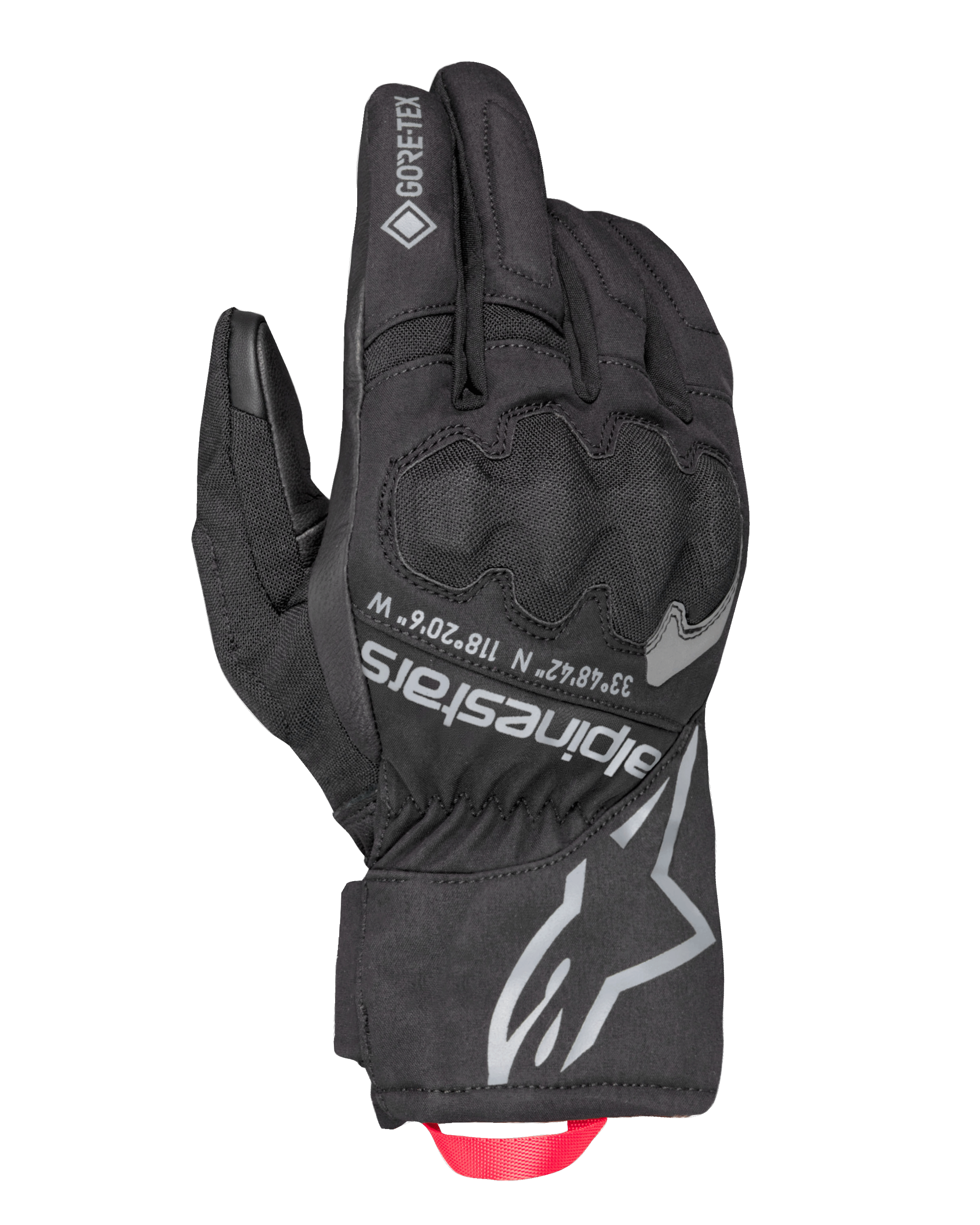 Alpinestars Crestone GORE-TEX Insulated Gloves, czarne motocyklowe rękawice turystyczne, wodoodporny i oddychający tekstylny wierzch, zintegrowana ochrona kostek, srebrne logo Alpinestars i współrzędne, czerwona pętla z taśmy