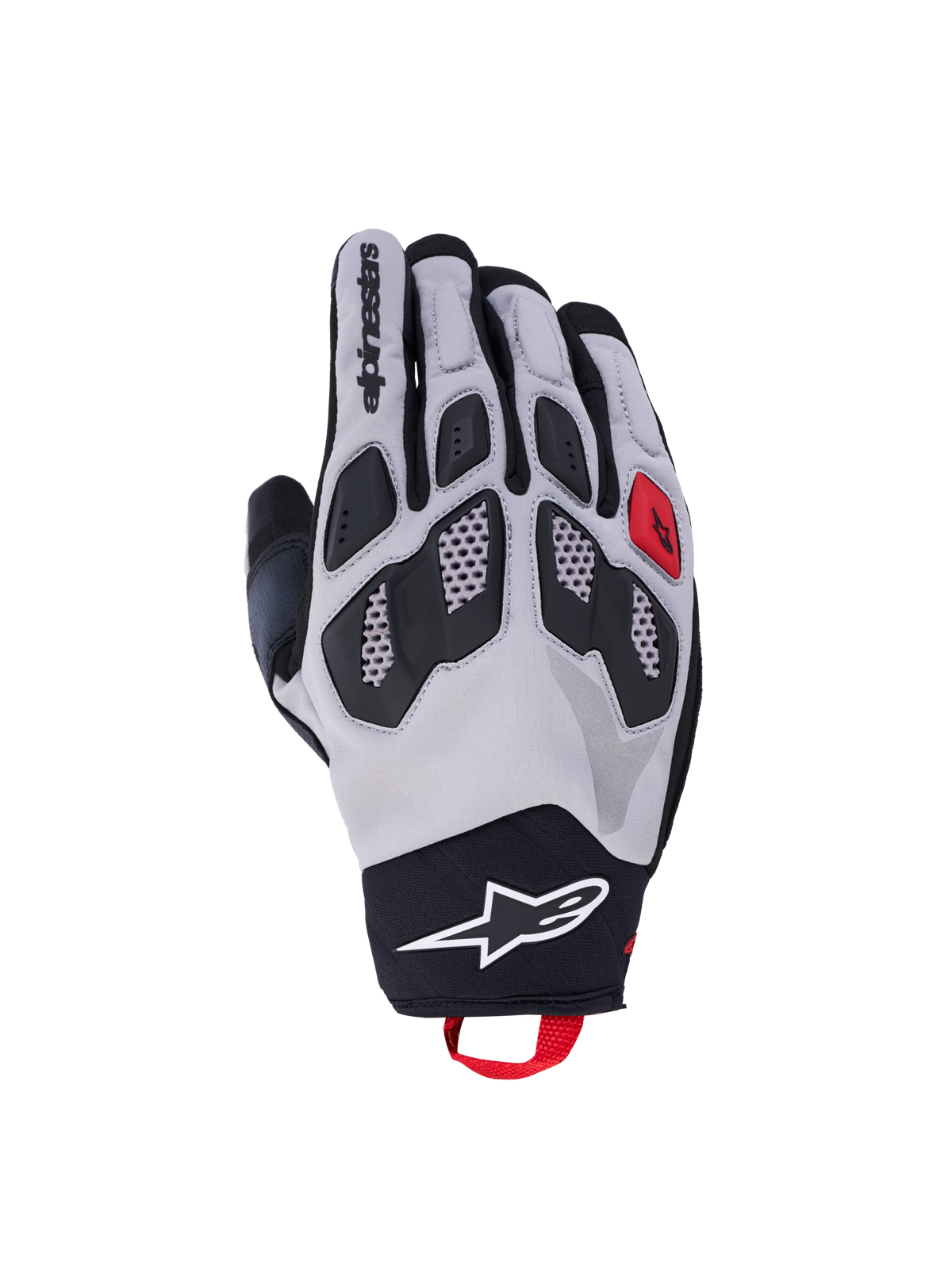 Alpinestars Maxdura Drystar rękawice motocyklowe adventure, szare i czarne z czerwonymi akcentami, TPR ochrona kostek i wodoodporna konstrukcja