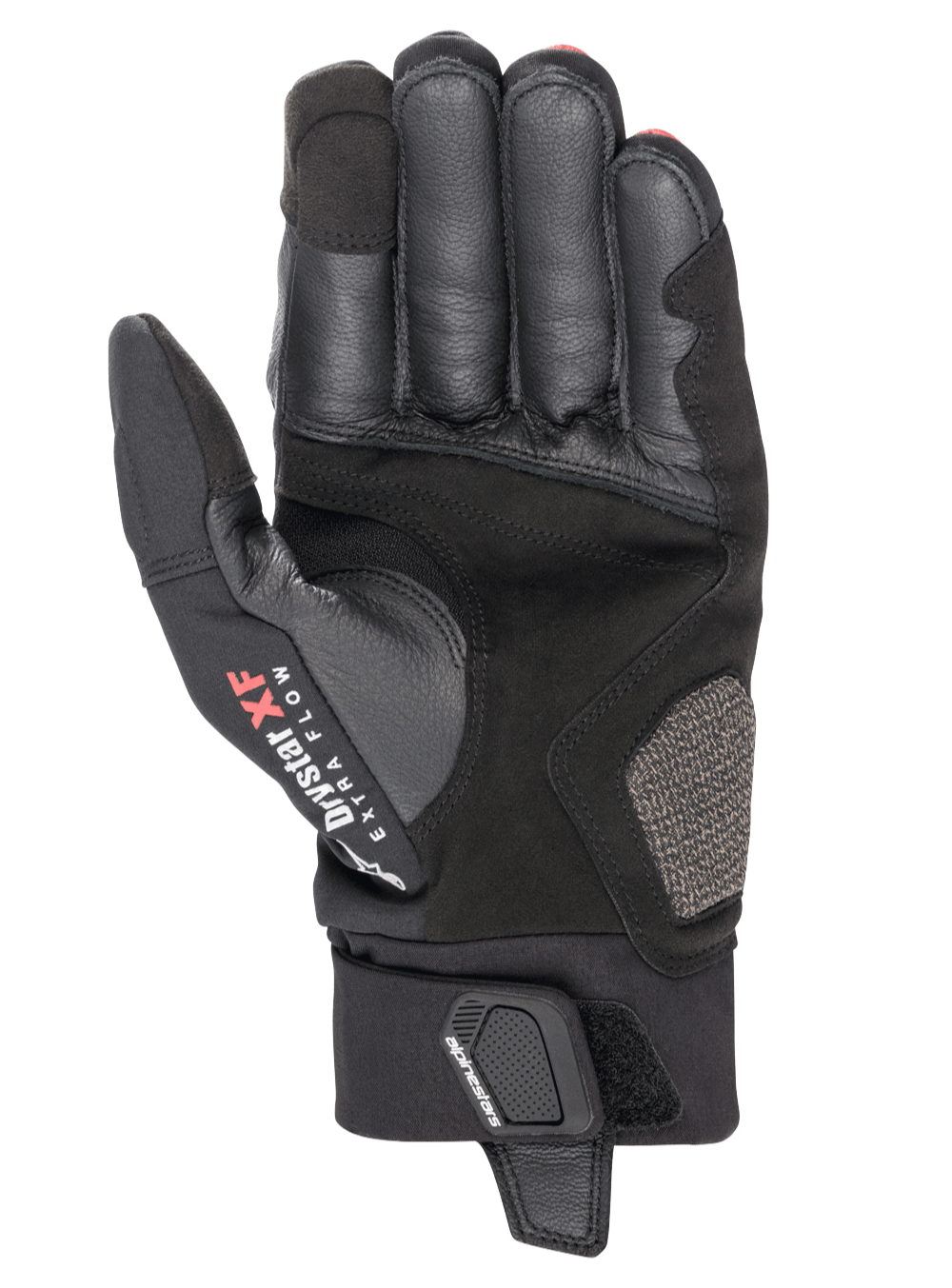 Rękawice Alpinestars Hyde XT Drystar® XF, rękawice motocyklowe, czarne i jaskrawoczerwone, widok od strony dłoni pokazujący konstrukcję ze wzmocnionego syntetycznego zamszu, oznaczenie Drystar XF Extra Flow na kciuku oraz regulowaną patkę zapięcia na nadgarstku