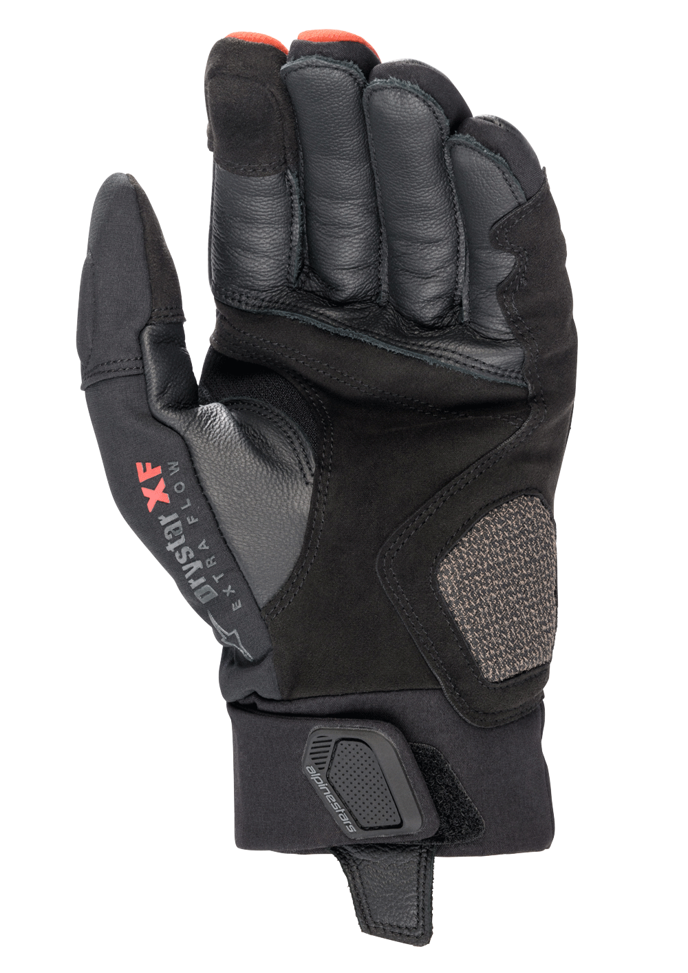 Rękawice Alpinestars Hyde XT Drystar® XF, rękawice motocyklowe, czarno-czerwone, widok dłoni pokazujący wzmocnioną konstrukcję z syntetycznego zamszu, logo Drystar XF na kciuku oraz regulowany pasek na nadgarstku