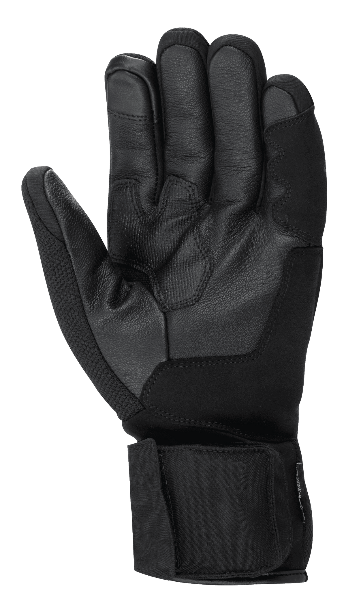 Rękawice Alpinestars HT-3 Heat Tech Drystar®, czarne rękawice motocyklowe, widok dłoni ukazujący konstrukcję ze skóry koziej, teksturowany uchwyt na dłoni i kciuku, regulowany pasek mankietu, palec wskazujący kompatybilny z ekranami dotykowymi, zimowa odzież turystyczna