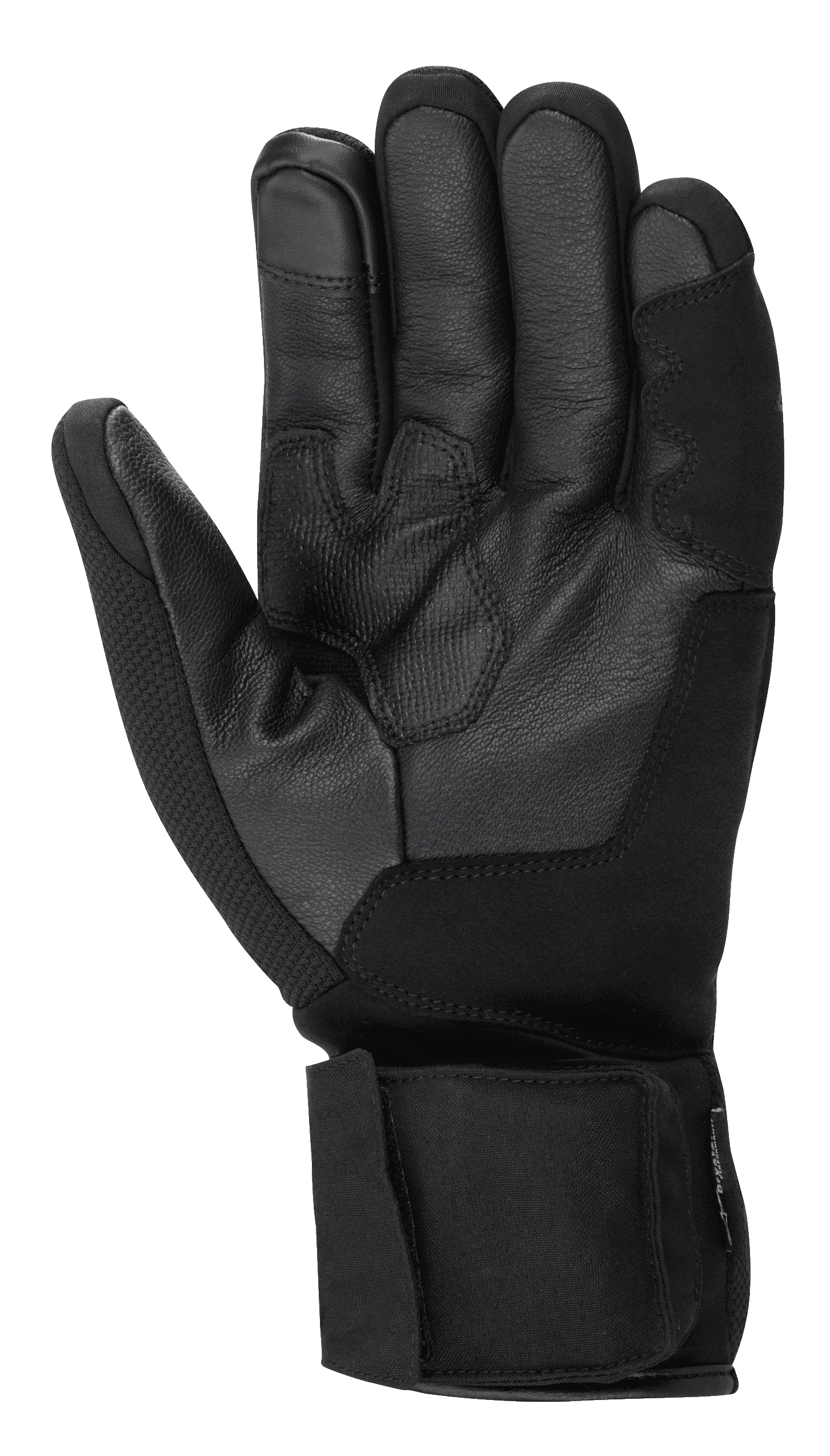 Rękawice Alpinestars HT-3 Heat Tech Drystar®, czarne rękawice motocyklowe, widok dłoni ukazujący konstrukcję ze skóry koziej, teksturowany uchwyt na dłoni i kciuku, regulowany pasek mankietu, palec wskazujący kompatybilny z ekranami dotykowymi, zimowa odzież turystyczna