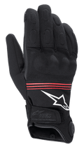 Alpinestars HT-3 Heat Tech Drystar® Gloves, podgrzewane rękawice motocyklowe, czarne z czerwonymi paskami i białym logo, wyposażone w przycisk sterowania ogrzewaniem na mankiecie, wzmocnione kostki oraz wytrzymałą konstrukcję tekstylną