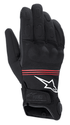 Alpinestars HT-3 Heat Tech Drystar® Gloves, podgrzewane rękawice motocyklowe, czarne z czerwonymi paskami i białym logo, wyposażone w przycisk sterowania ogrzewaniem na mankiecie, wzmocnione kostki oraz wytrzymałą konstrukcję tekstylną