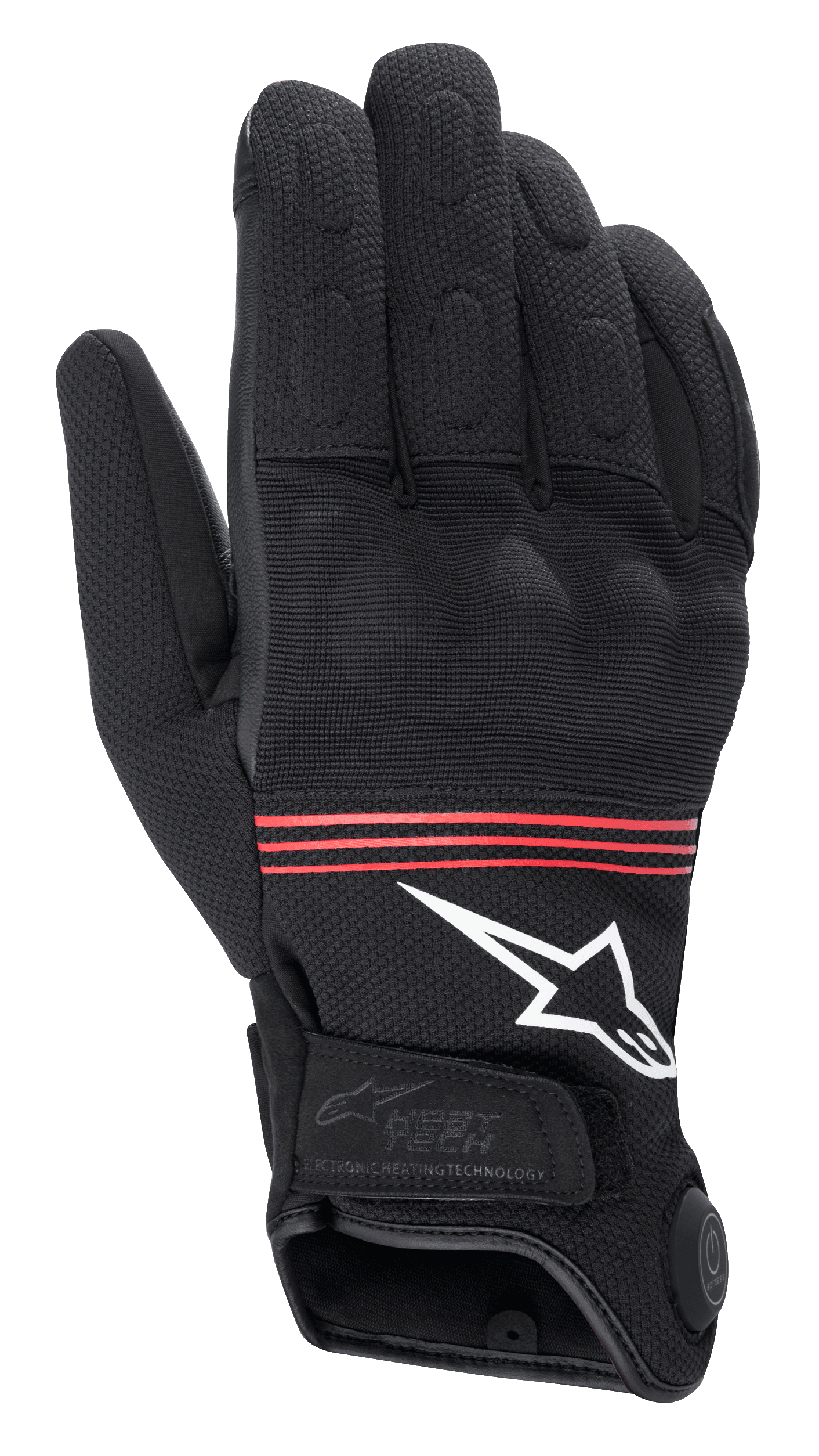 Alpinestars HT-3 Heat Tech Drystar® Gloves, podgrzewane rękawice motocyklowe, czarne z czerwonymi paskami i białym logo, wyposażone w przycisk sterowania ogrzewaniem na mankiecie, wzmocnione kostki oraz wytrzymałą konstrukcję tekstylną